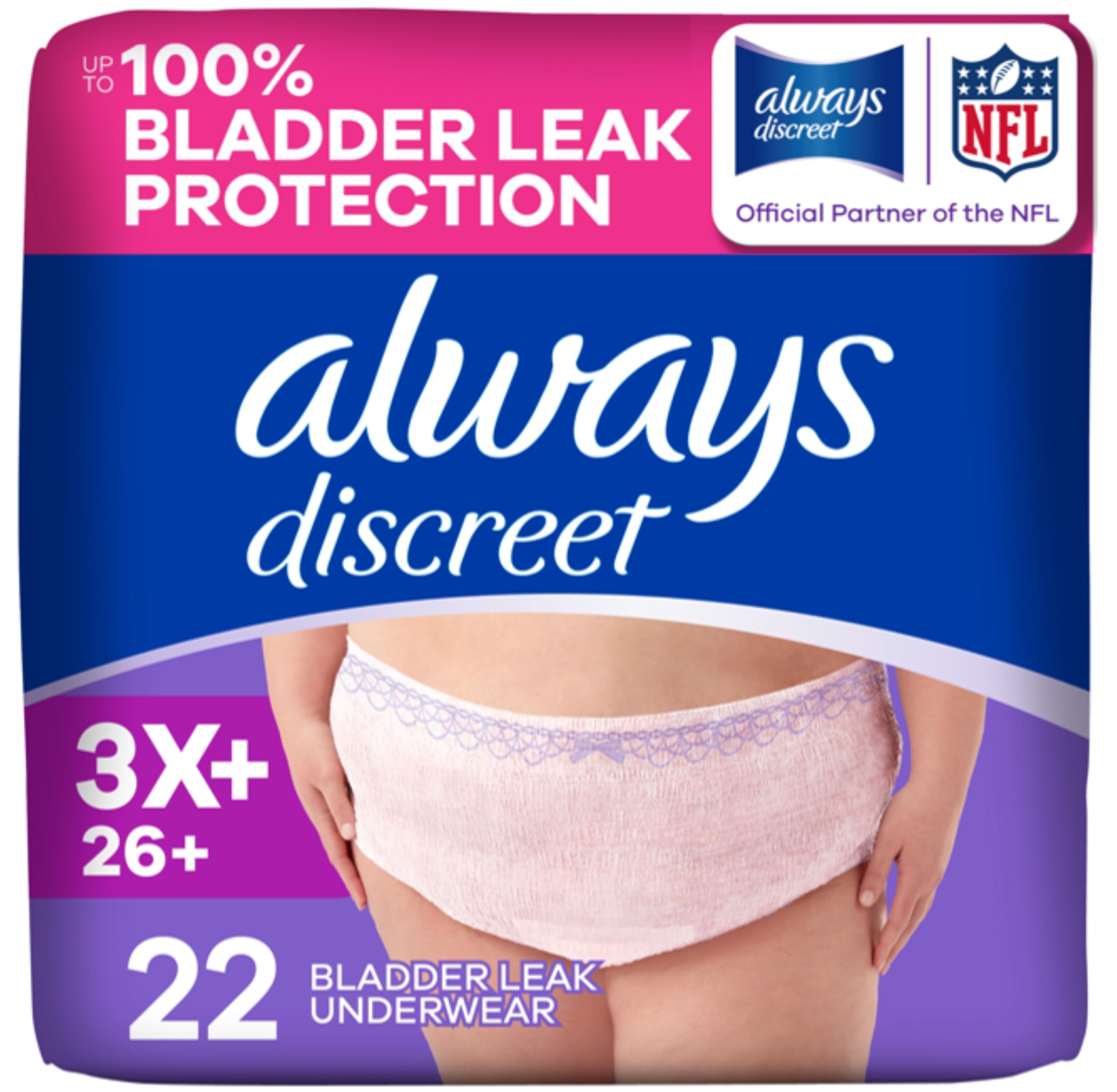 Always Discreet Reimagined Adult Diapers for Women, Maximum Absorbency, Size 3X+, 22 Count
