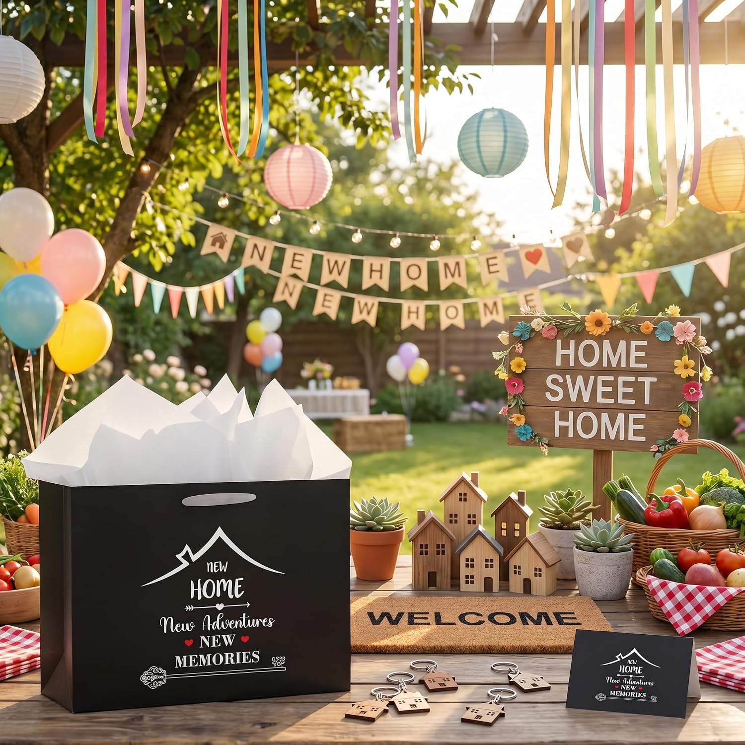 Hkshaoda Housewarming Gift Bag with Tissue Paper & Card, New Home Gift Bag Set with new HOME New Adventures NEW MEMORIES Design for Homeowners Party Favor image 4