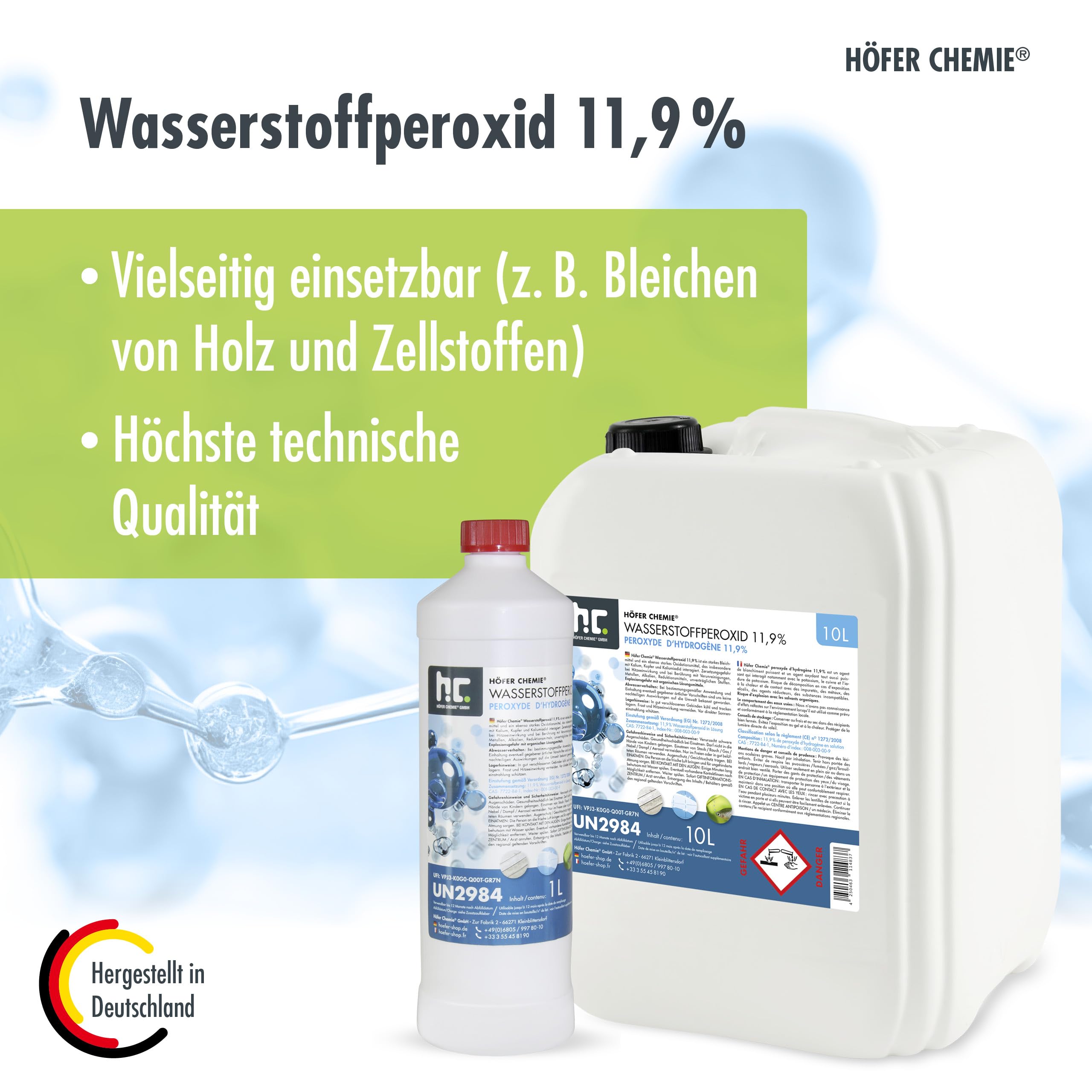 Höfer Chemie 10 L Wasserstoffperoxid 11,9% – Technische Oxidationslösung – stabilisiert mit 1% Phosphorsäure – Vielseitig einsetzbar zum Bleichen, Reinigen & Technischen Gebrauch