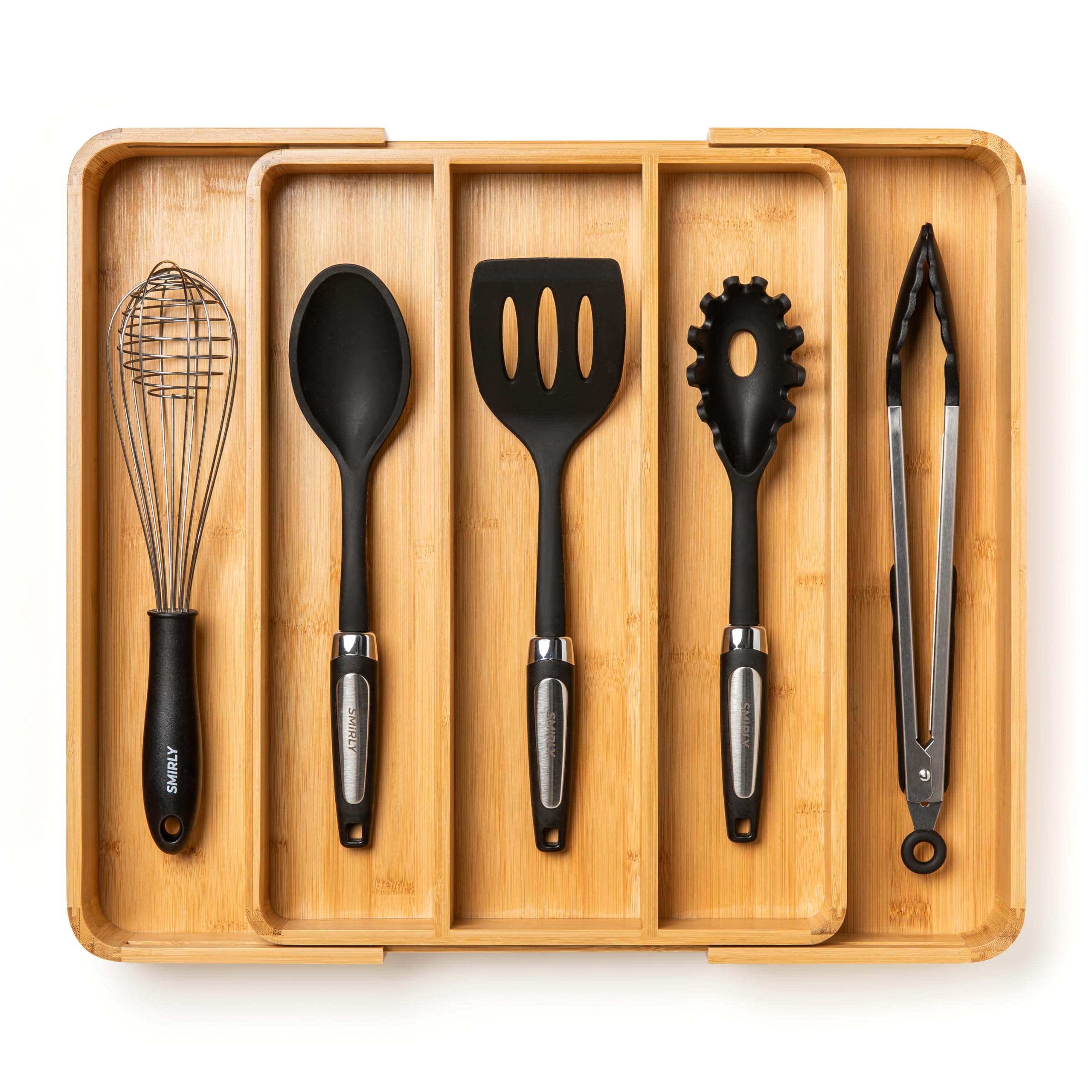 SMIRLY Bamboo Silverware Drawer Organizer - Expandable Kitchen Drawer Organizer, Kitchen Utensil Organizer for Kitchen Drawers - Silverware Tray for Drawer (Natural, 5 Compartment Expandable)