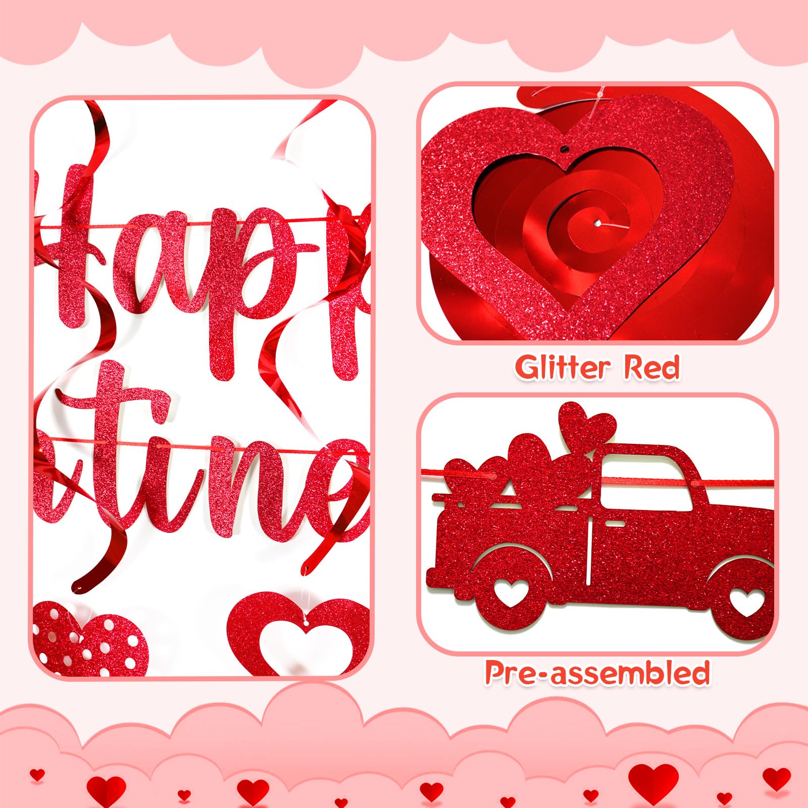 Happy Valentine's Day Banner With Hearts - Red Glitter Pre-assembled Garland For Party Decor
