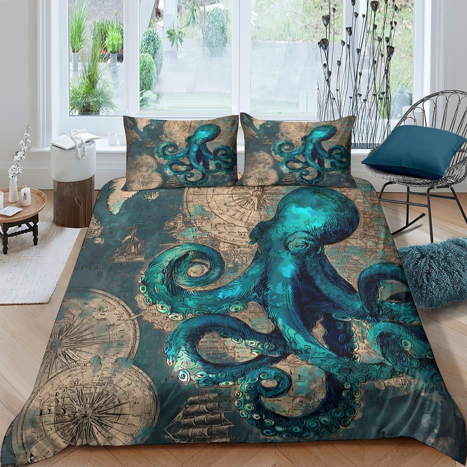 Ctjqhvkz Style-3 3D Printed Blue Octopus Fitted Sheet Microfiber Soft Anti-Slip Sea Shell Mattress Cover For Bedroom Guest Room Decor Single（135X200cm）