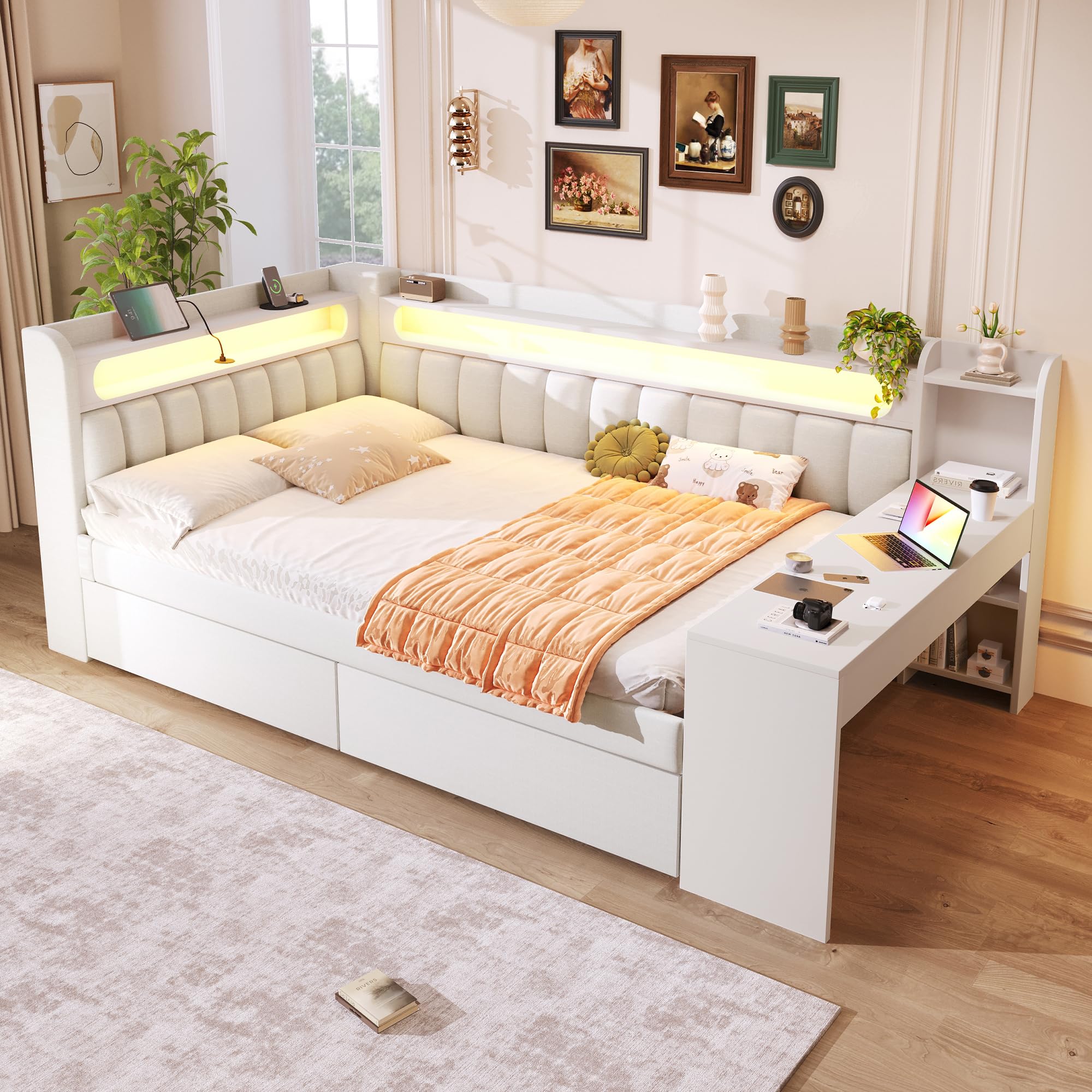 Dolamaní Łóżko młodzieżowe 140 x 200 cm, z USB i LED, łóżko dzienne z biurkiem i wyściełanym zagłówkiem, rama łóżka podwójnego ze stelażem, łóżko dziecięce z miejscem do przechowywania, bez materaca