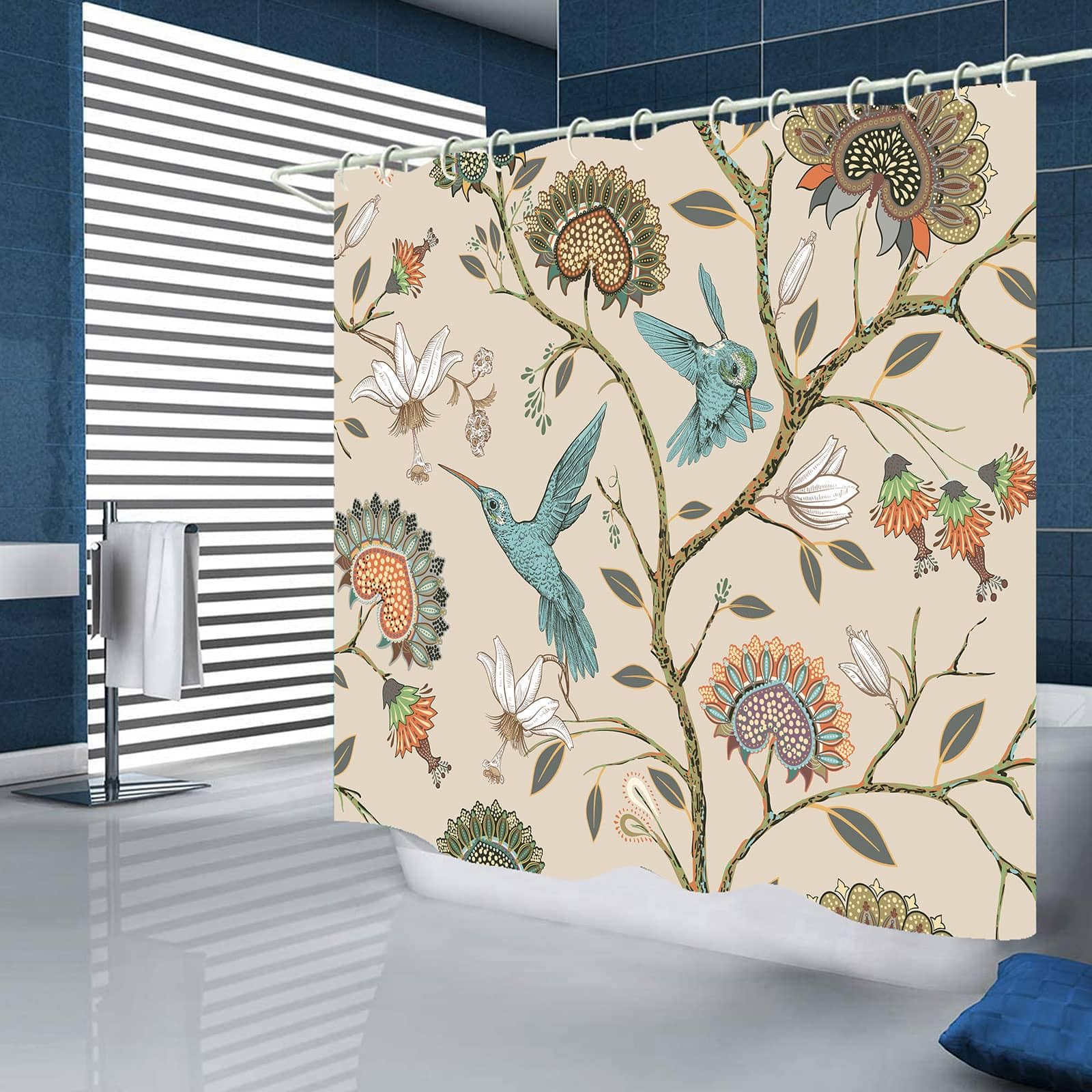 Tenda Doccia 180x180 Cm Con Stampe Erbe & Uccelli – Beige Botanico, Impermeabile E Antimuffa, Con 12 Ganci