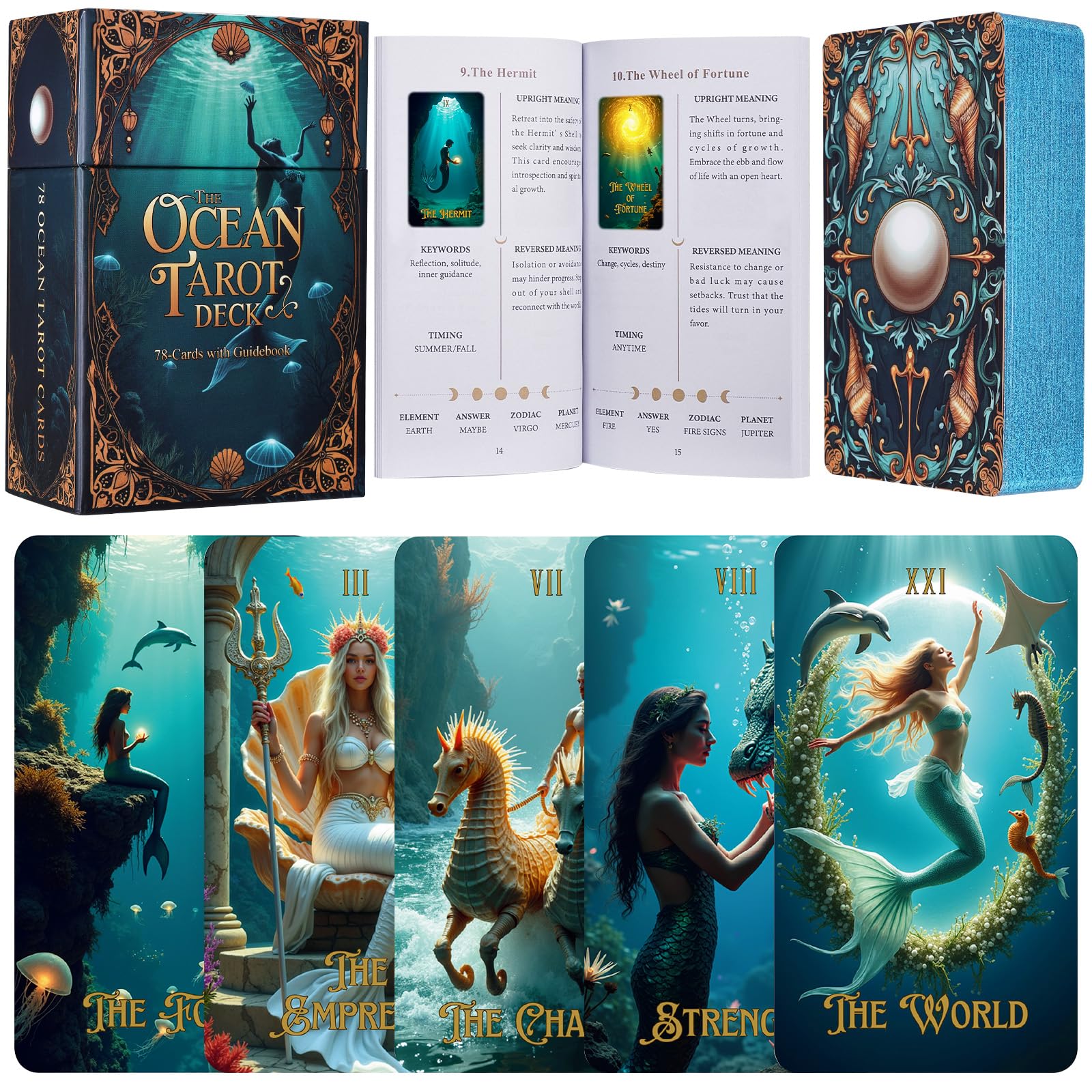 XSYLOHXL Ethereal &amp; Celestial Ocean Tarot Deck for Beginners, Unique Marine Four Suits Divination, Shadework Atlantis Tarot Cards with Guidebook, Thick 400GSM Gradient Blue Gilded Edges Classic Set