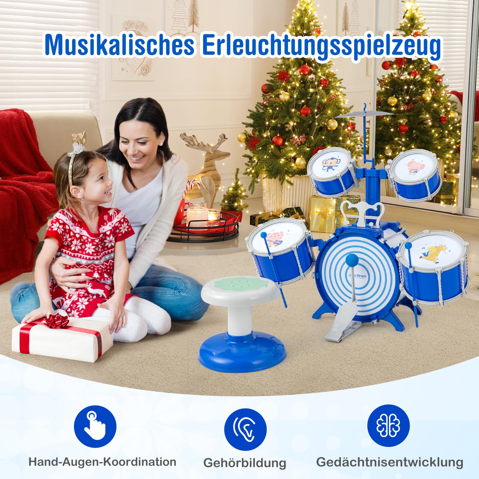 COSTWAY Kinder Schlagzeug Set, Trommel Set mit Hocker, Notenständer & Fußpedal, Schlaginstrument Drum Set für Kinder ab 3 Jahren
