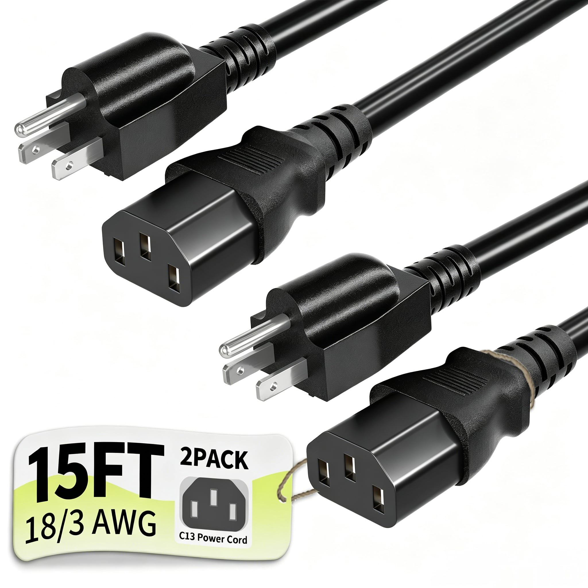 Vockjour Universal 15ft 2 Pack Power Cord, 3-Prong Pure Copper ETL, Black