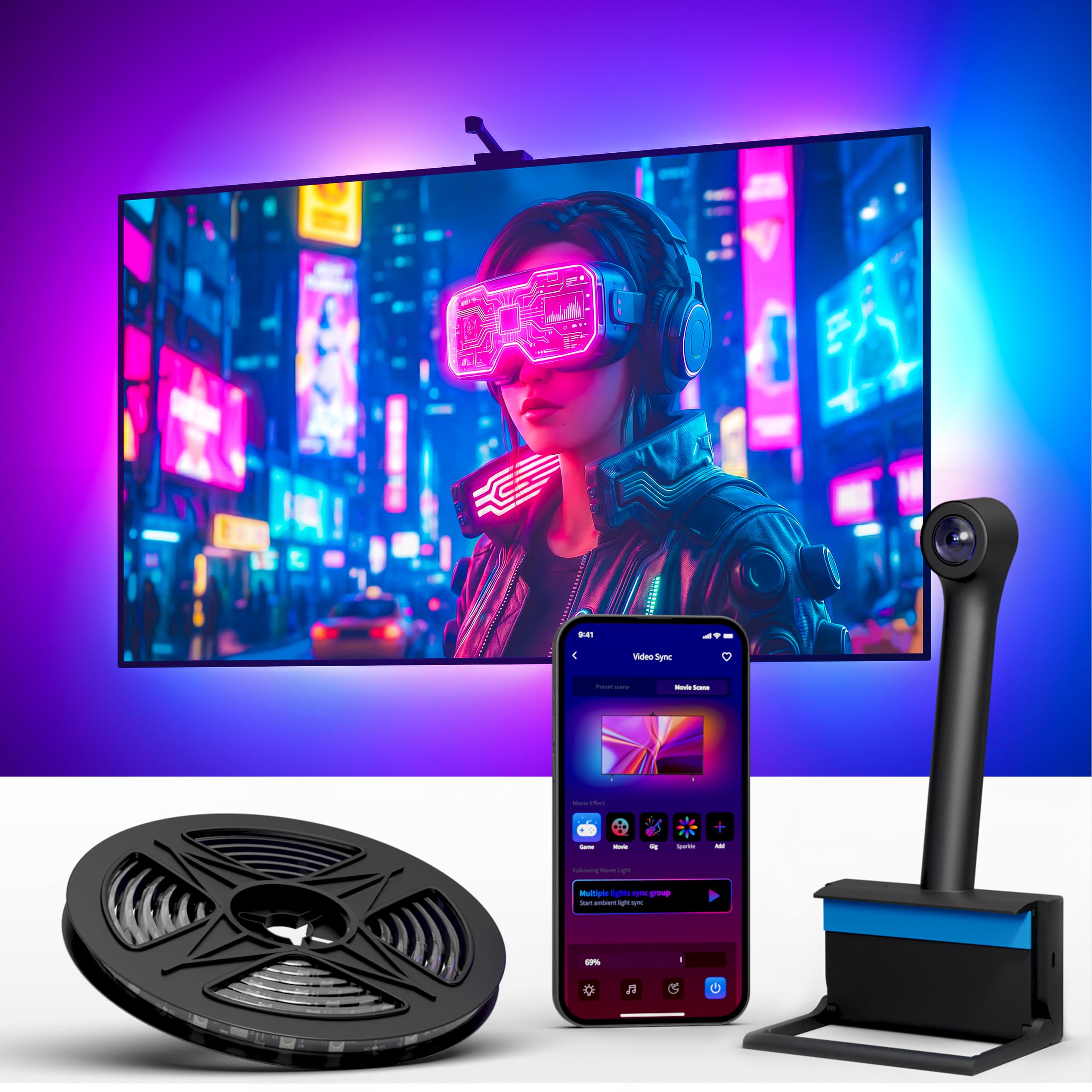 Smart TV LED Backlight with Camera for 75-85 inch Screens, 16.4ft LED Strip Lights Sync to Screen& Music, Color Changing Lights for TV Compatible with Alexa & Google Assistant, App Control