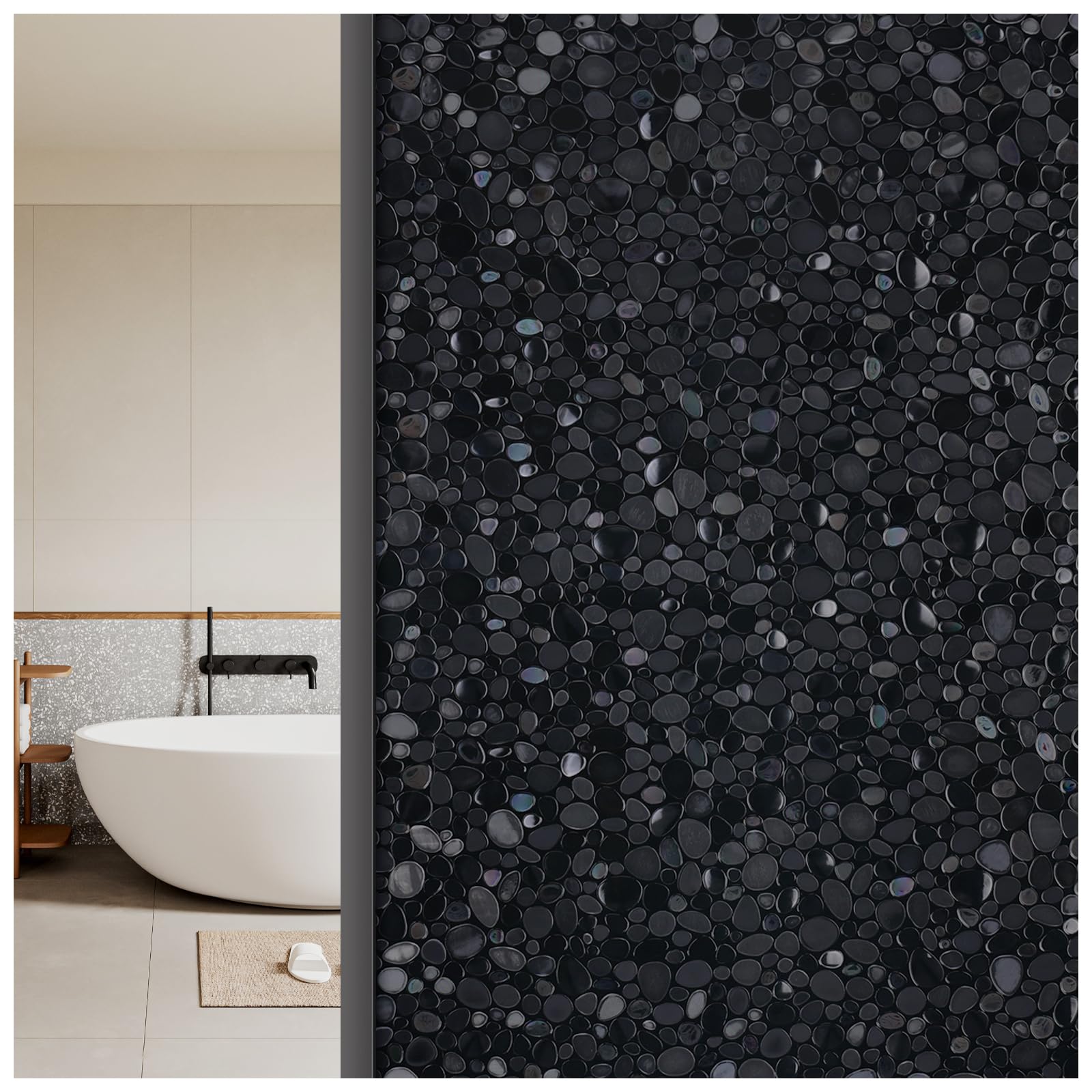 rabbitgoo Total Blackout Window Film Privacy Room Darkening Sun Light Blocking Window Tint, Static Cling Black Glass Door Window Cover Stained Glass Window Clings,3D Pebble, Black, 23.6 x 78.7 inches