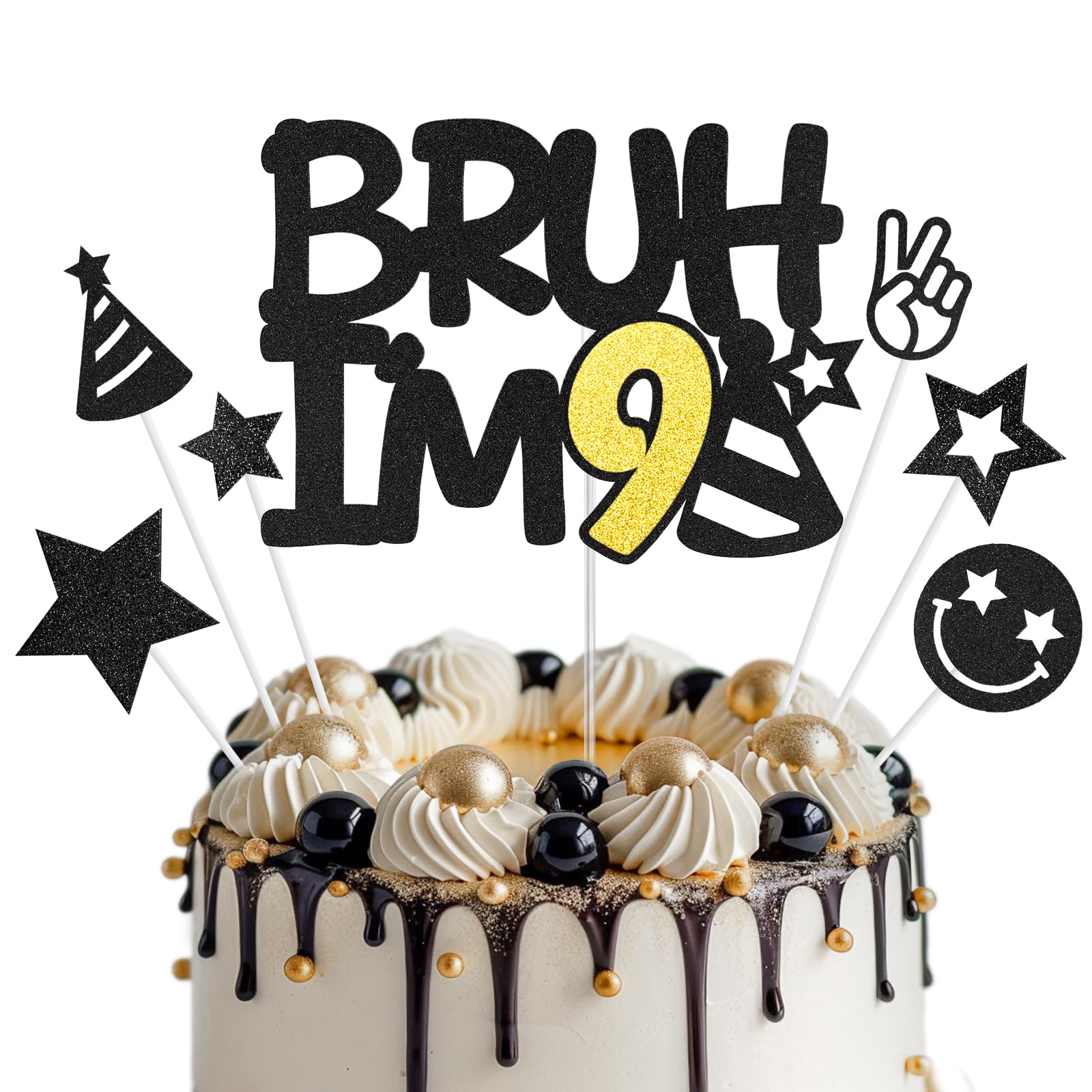 Bruh I'm 9 Cake Topper, Happy 9th Birthday Cake Topper, Black Gold Glitter Cake Decoration, 9 Cake Topper, Birthday Party Cake Decor Supplies for Boys Girls 9 Years Old
