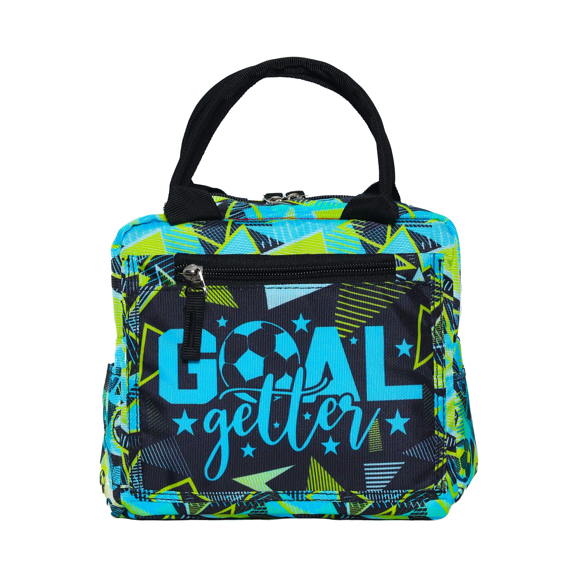 Goal Printed Insulated Lunch Bag, Tiffin and Food Storage Bag for Work, Students, Office, Picnic, College & School with Multiple Zipper Pockets (Blue)