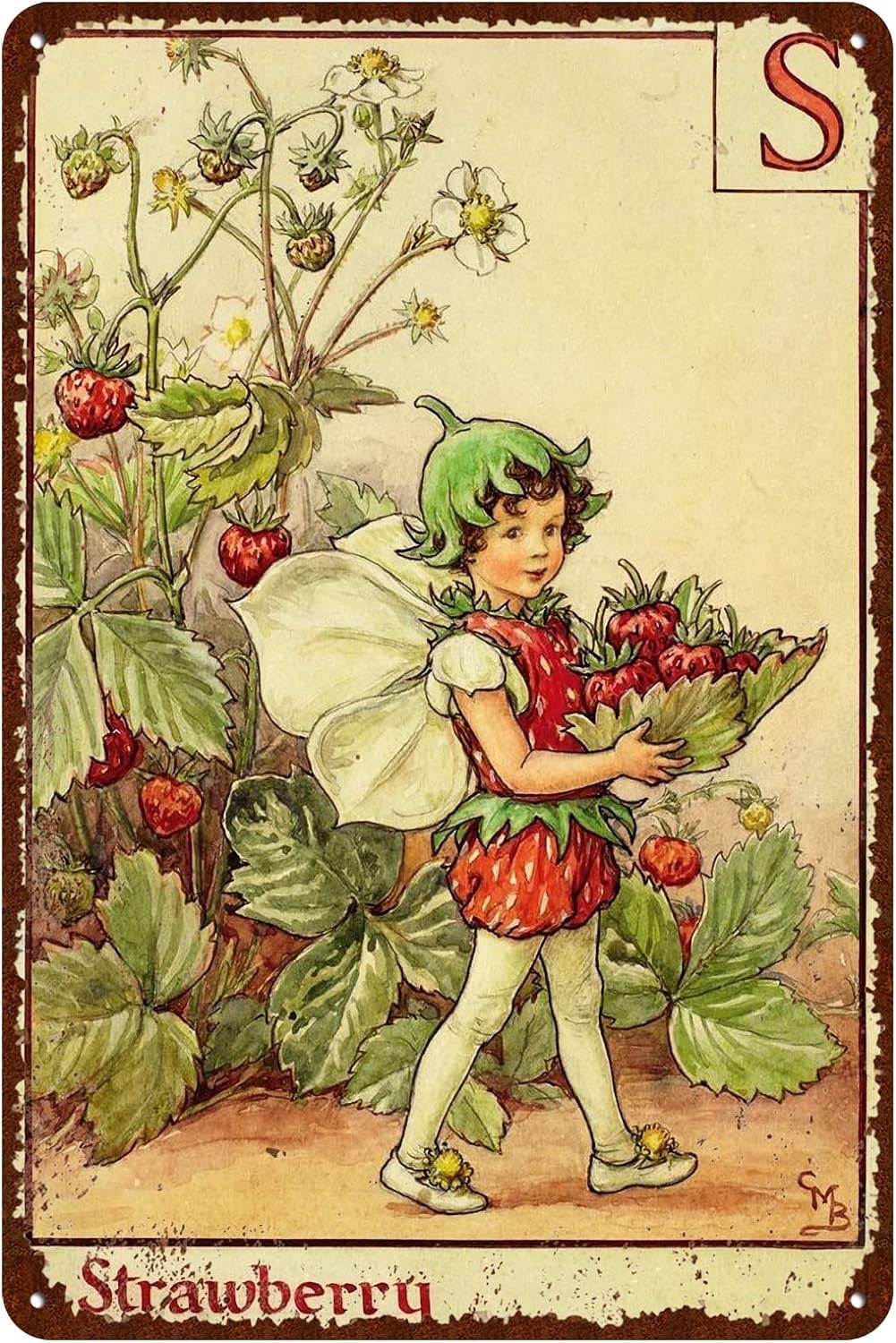 Flower Fairy Signs Vintage Garden Tin Signs Strawberry - Letter S Wall Decor Metal Signs - Retro Fairy Garden Decor