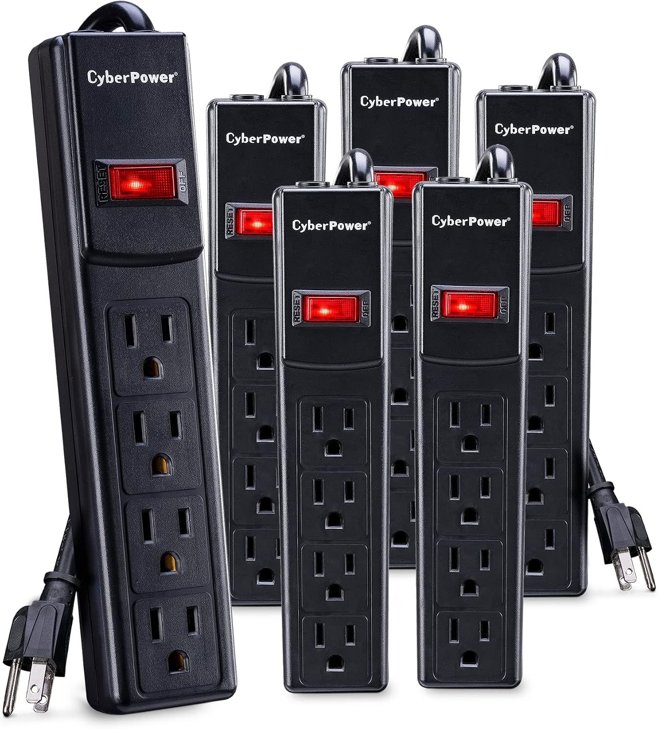 CyberPower CSB404MP6 Essential Surge Protector, 450J/125V, 4 Outlets, 4ft Power Cord, Black, 6 Pack