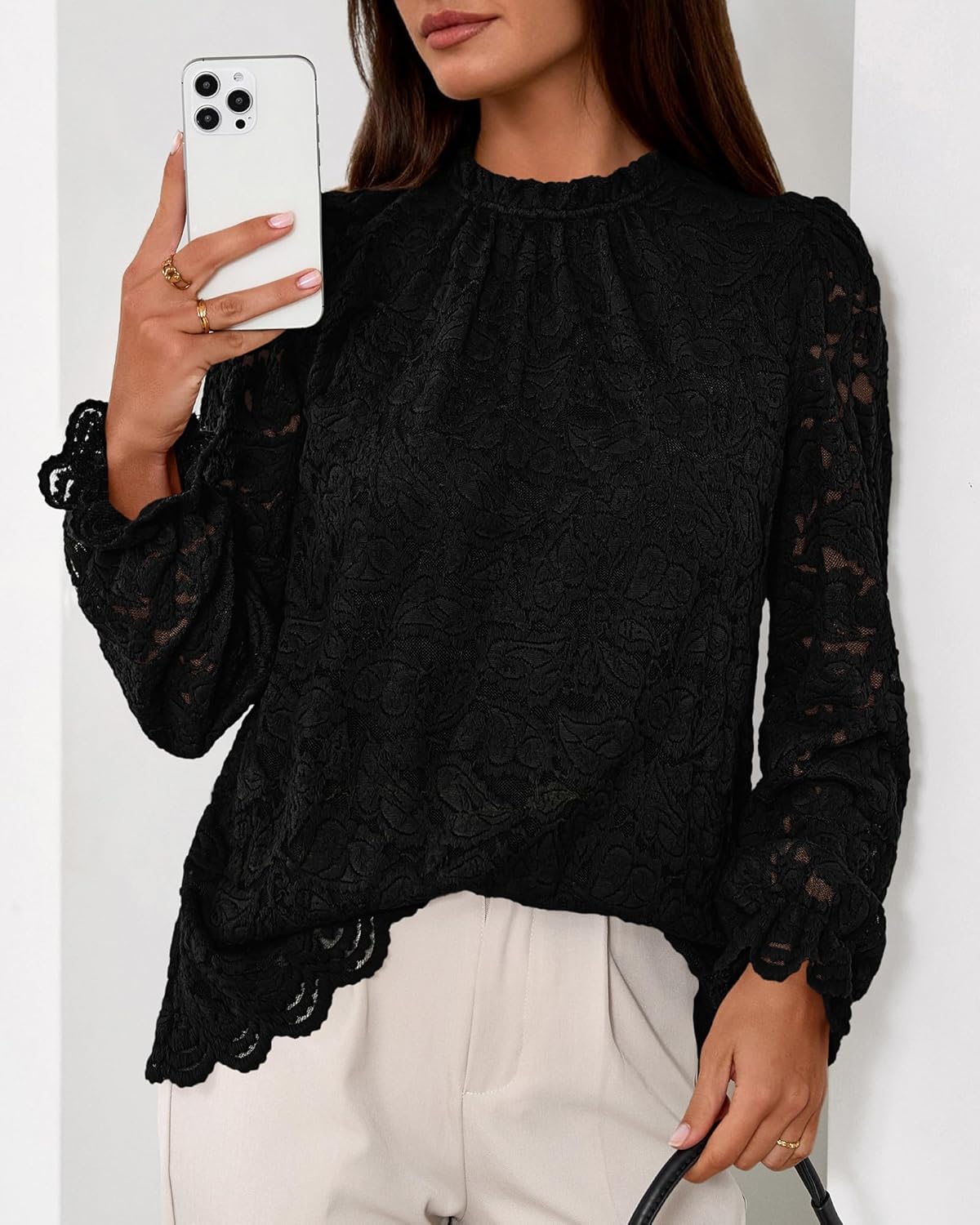 KIRUNDO Blouses for Women Dressy Casual Lace Long Sleeve Tops Mock Neck Ruffle Hem Shirts Fall Fashion Clothes - Image 3