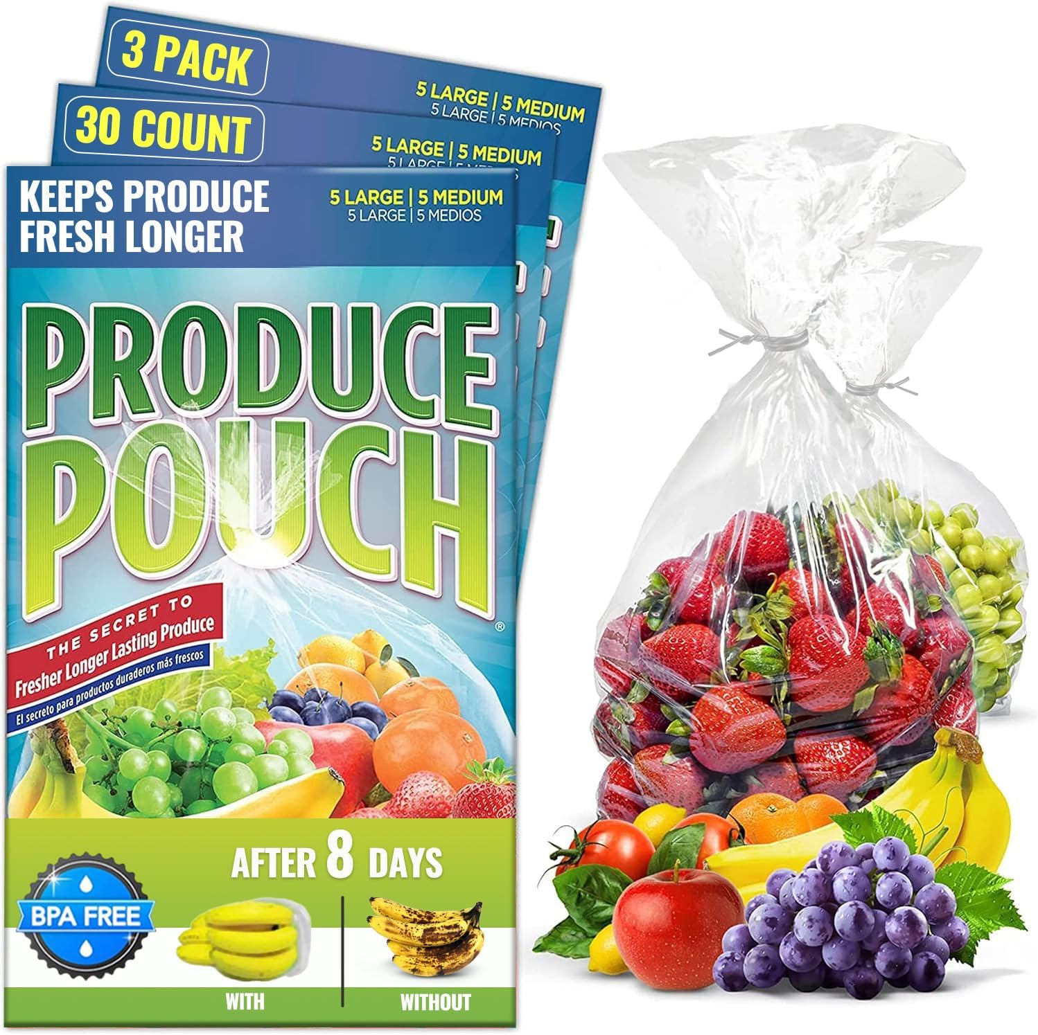 Reusable Vegetable Produce Bags by Produce Pouch – Keeps Fruit, Vegetable, Herbs Fresh Longer, Prevent Food Waste - BPA and Lead-Free Produce Saver Storage Green Bag - Set Of 30 w/ Twist-Ties