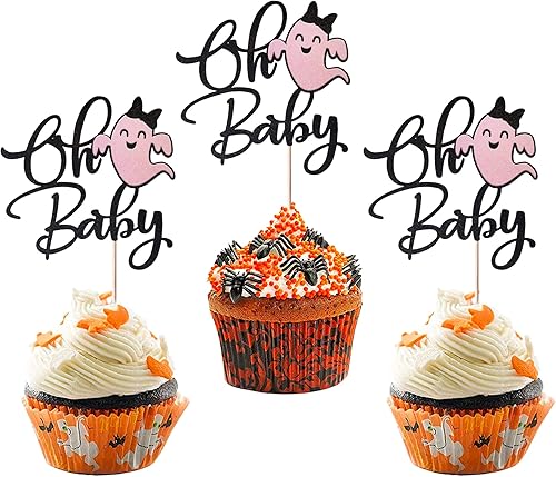 Miniatura 8 de Paquete de 24 adornos para cupcakes de Halloween, lápidas con purpurina, araña, abucheo, fantasma, bruja, magdalenas, calavera, murciélago,