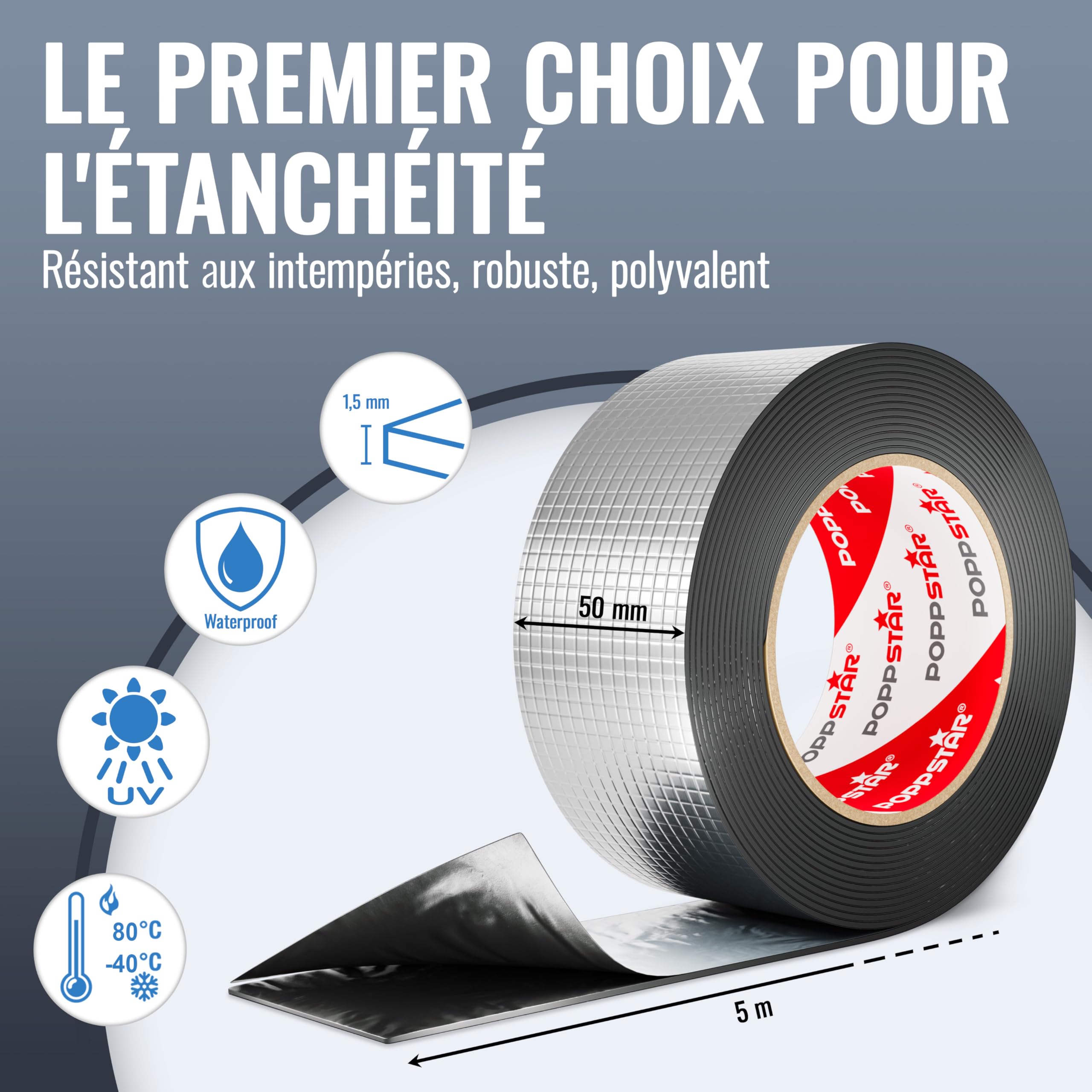 POPPSTAR Ruban d'étanchéité Butyle pour toiture 5 m x 50 mm x 1,5 mm Bande de solin aluminium
