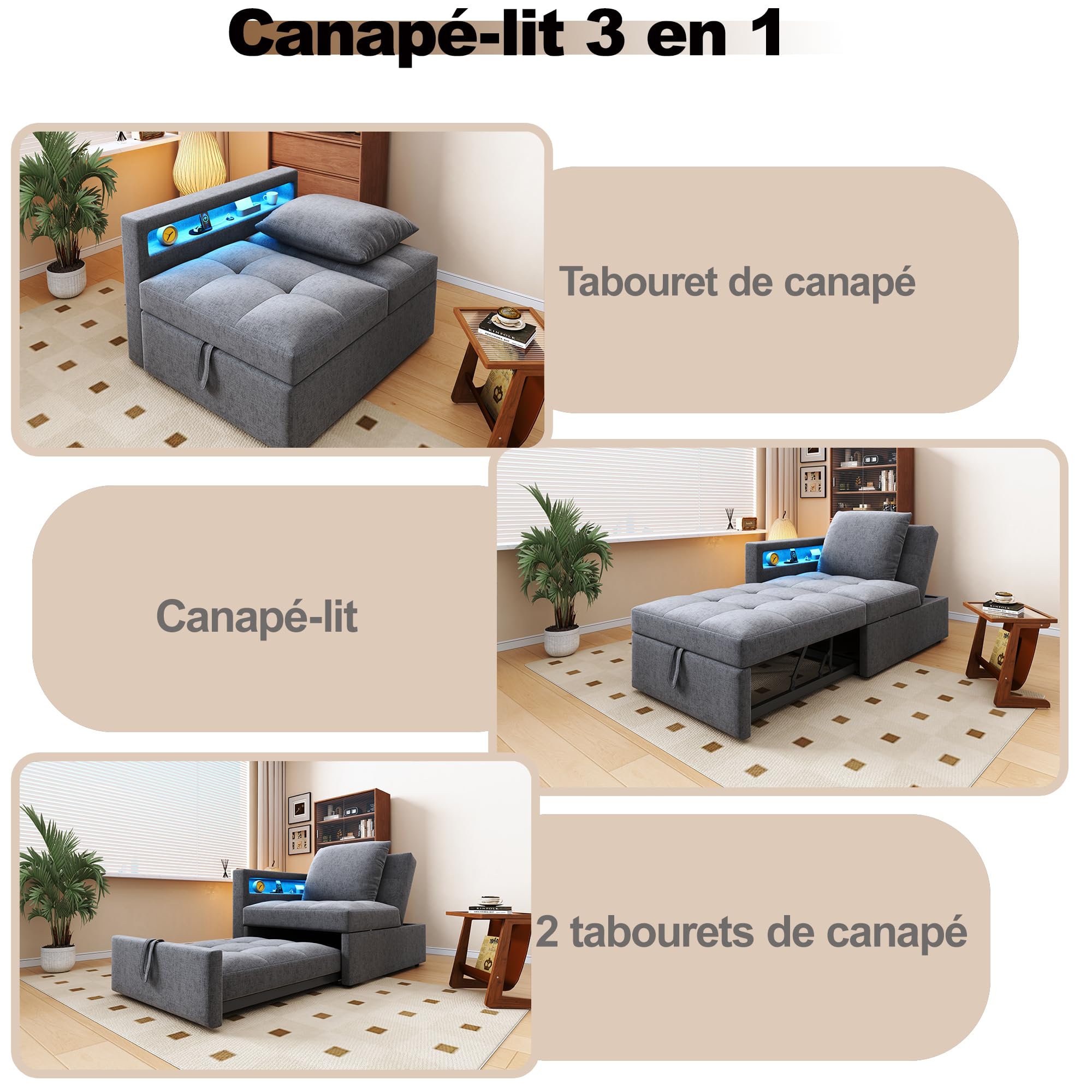 Merax 3-in-1 Schlafsofa mit LED-Armlehnen & USB/Typ-C-Anschlüssen, mit 5-Fach Verstellbarer Rückenlehne, umwandelbar zu Sofa, Lounge & Einzelbett, platzsparendes Gästebett, Leinenstoff, Hellgrau