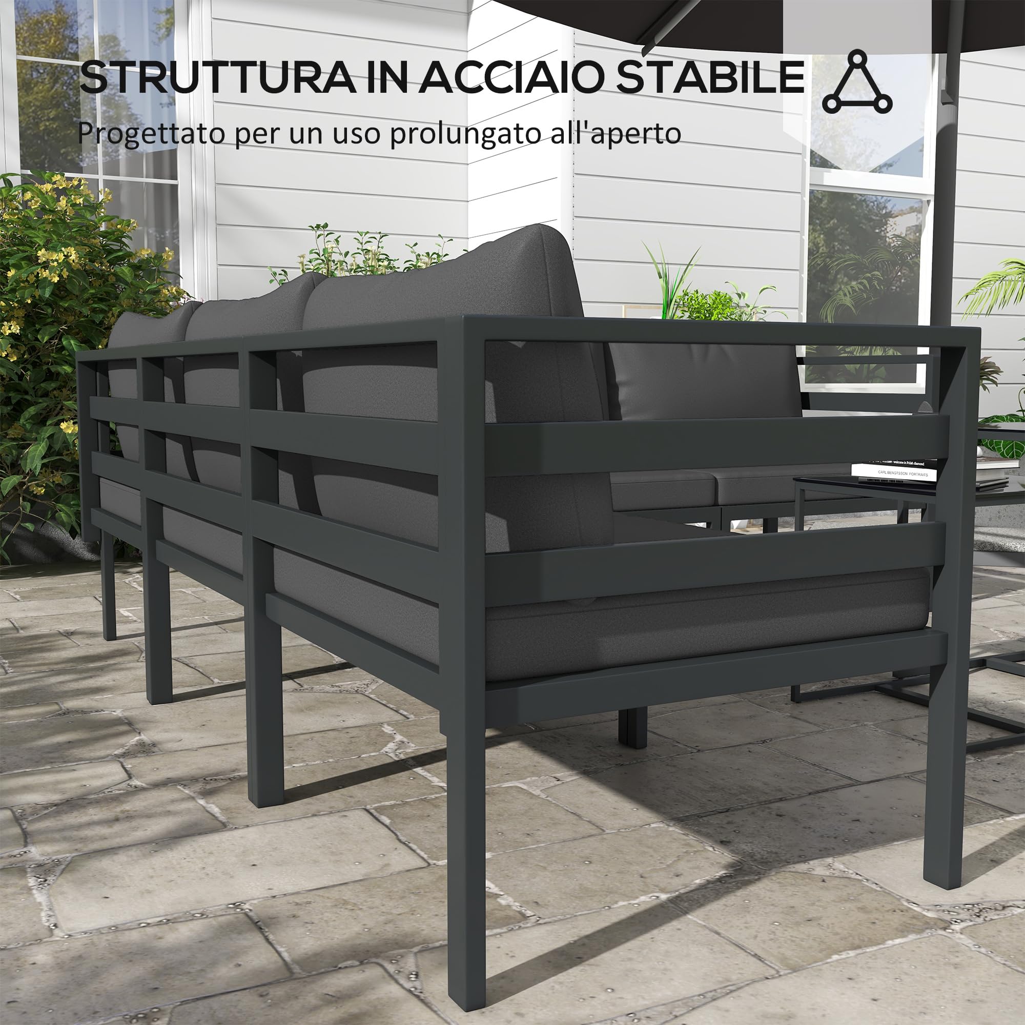 Outsunny Set Salotto da Giardino da 7 Pezzi 5 Poltrona da Esterno Grigio | 2 Tavolini da Caffè con Piano in Vetro, Cuscini, Set di Mobili in Acciaio e Poliestere