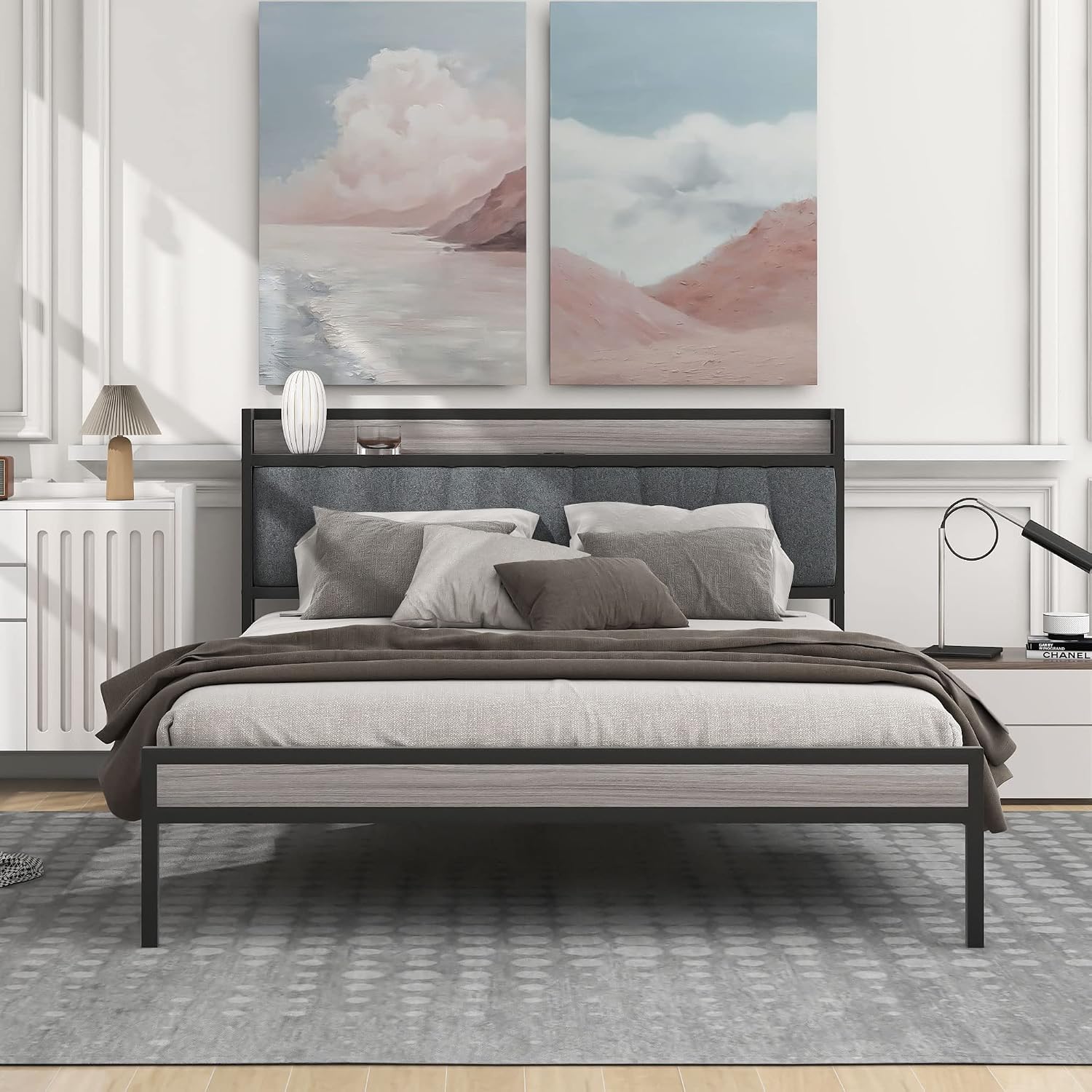 Queen Bed Frame with Outlet & USB Ports Metal Platform Bed with Upholstered headboard, Queen Size Metal Panel Bed with Shelf, Noise-Free, No Box Spring Needed, Black with Gray