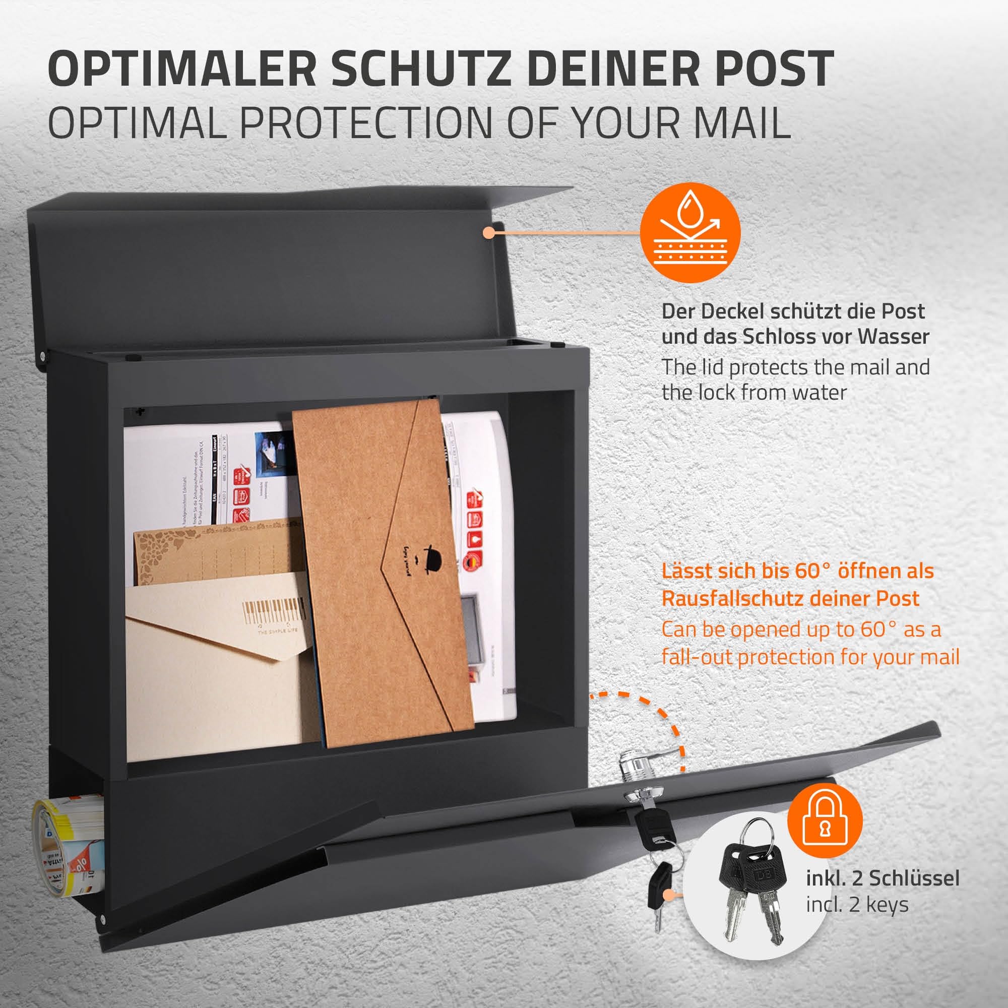 ECD Germany Standbriefkasten mit Zeitungsfach, Design Briefkasten mit Pfosten, Briefkastenanlage, Briefkastenständer Anthrazit 120cm Edelstahl, Postkasten Anthrazit 37x37cm Edelstahl pulverbechichtet