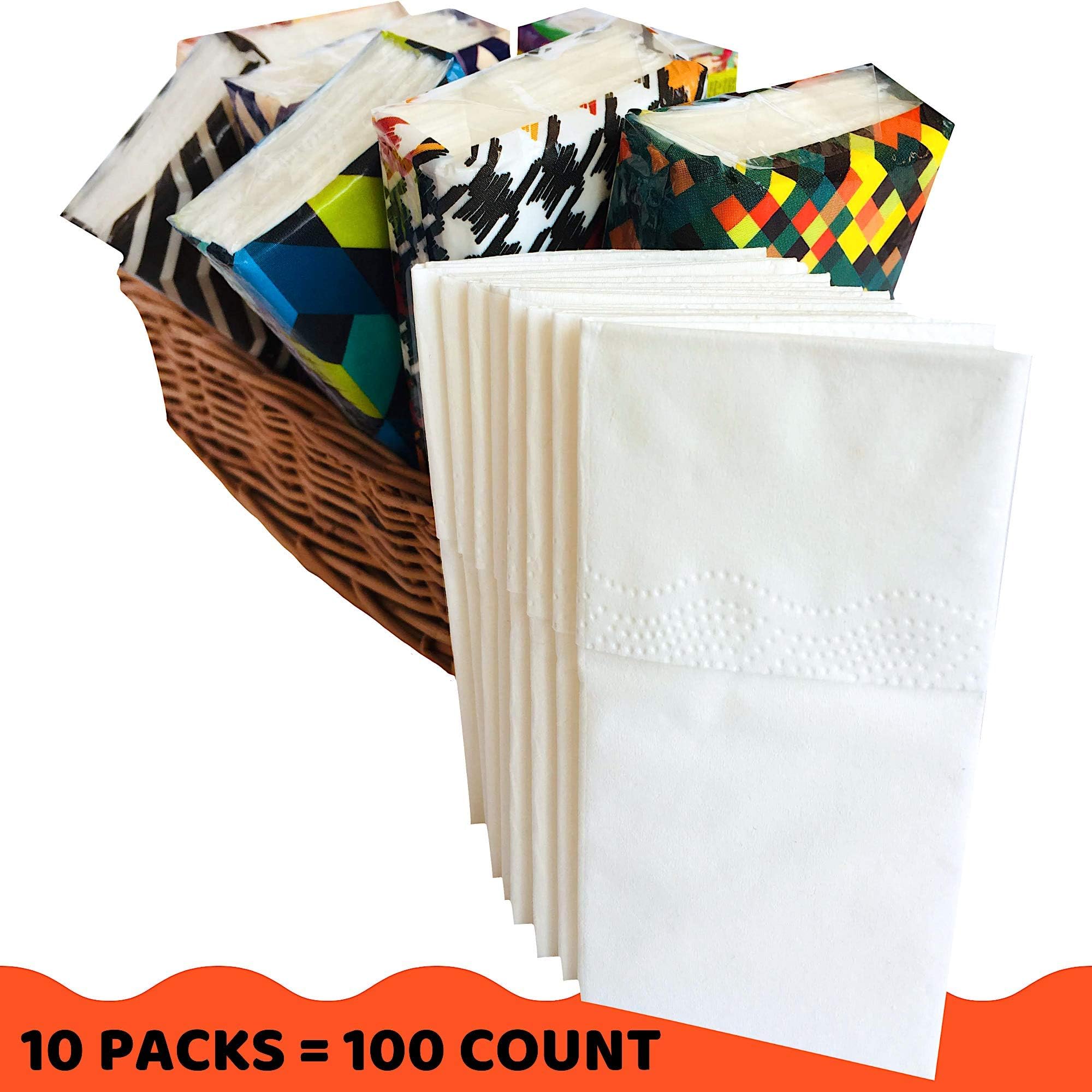 Pocket Facial Tissue - White Premium 3 Ply Paper Wallet Tissues - Travel Size Go Pack - 100 Count (10 Packs)