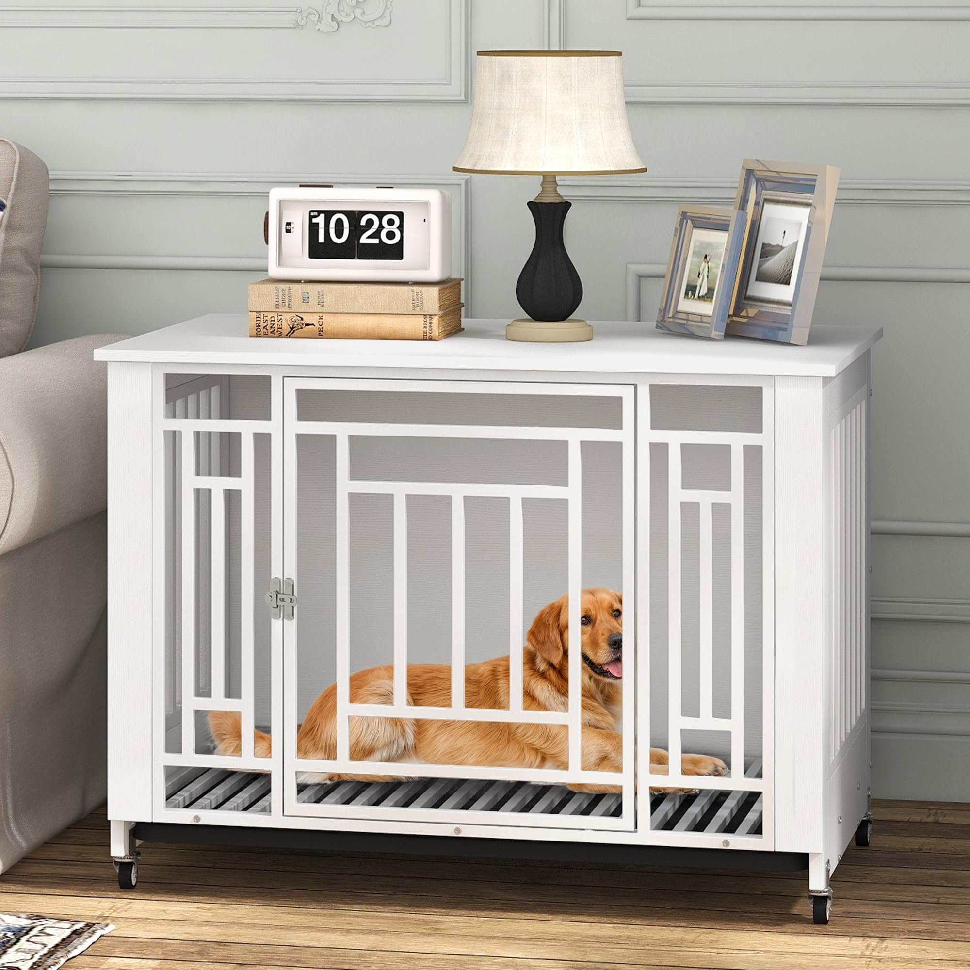 DWVO Dog Crate Furniture with Wheels, 38 Inch Dog Kennel Indoor Heavy Duty End Table Dog Crate for Large Medium Dogs, Decorative Wooden Dog Cage Table with Removable Tray, Chew-Resistant, White