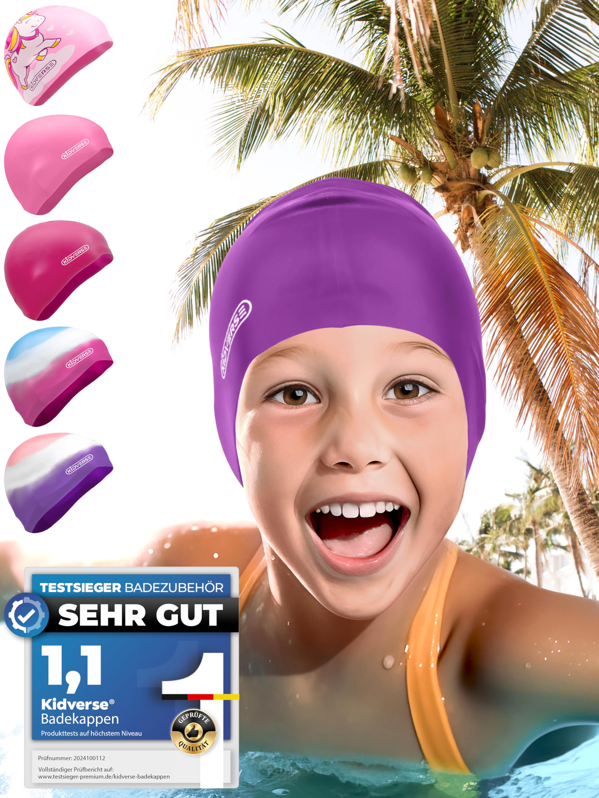 KIDVERSE Waterproof Kids Swimming Cap for Girls Swim Hat with Anti-Slip Grips - Comfortable Silicone Swim Cap Girls - Childrens Swimming Hat Kids with UV Protection