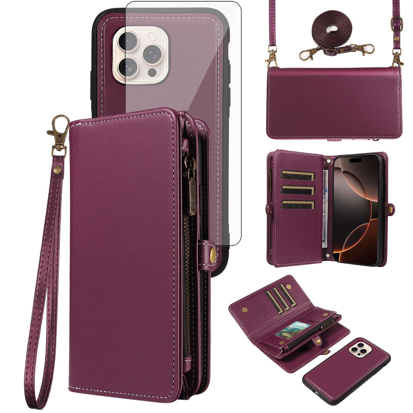 Asuwish Case for iPhone 16 Pro Wallet with Tempered Glass and Cord Card Holder Magnetic Chain PU Leather Flip Case Cover Stand i Phone16 16Pro Phone Case Glass Woman Intense Purple