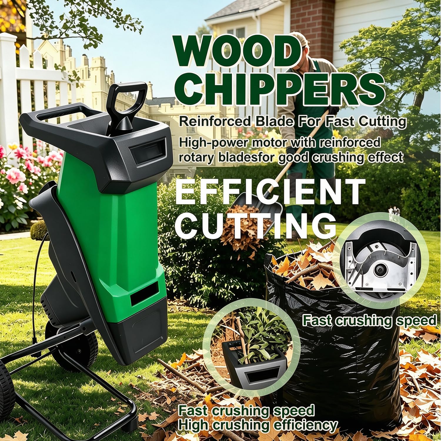 Biotrituradora Eléctrica 2400w, Diámetro Máximo De Corte 39 Mm | Motor Cobre,Cuchillas Acero Doble,Bolsa 50l,Protección Sobrecarga Y Ruedas Para Triturar Ramas Y Hojas En Compost Doméstico
