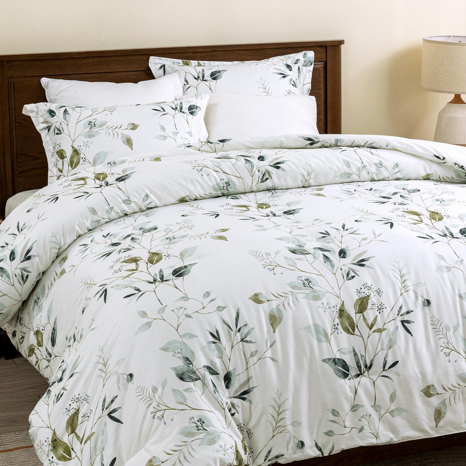 Queen Comforter Set, Floral Queen Comforter Bedding Set, 100% Cotton Comforter, Botanical Fluffy Cooling Lightweight Quilted Comforter for Queen Size Bed, 90" × 90", 3pcs, White/Green