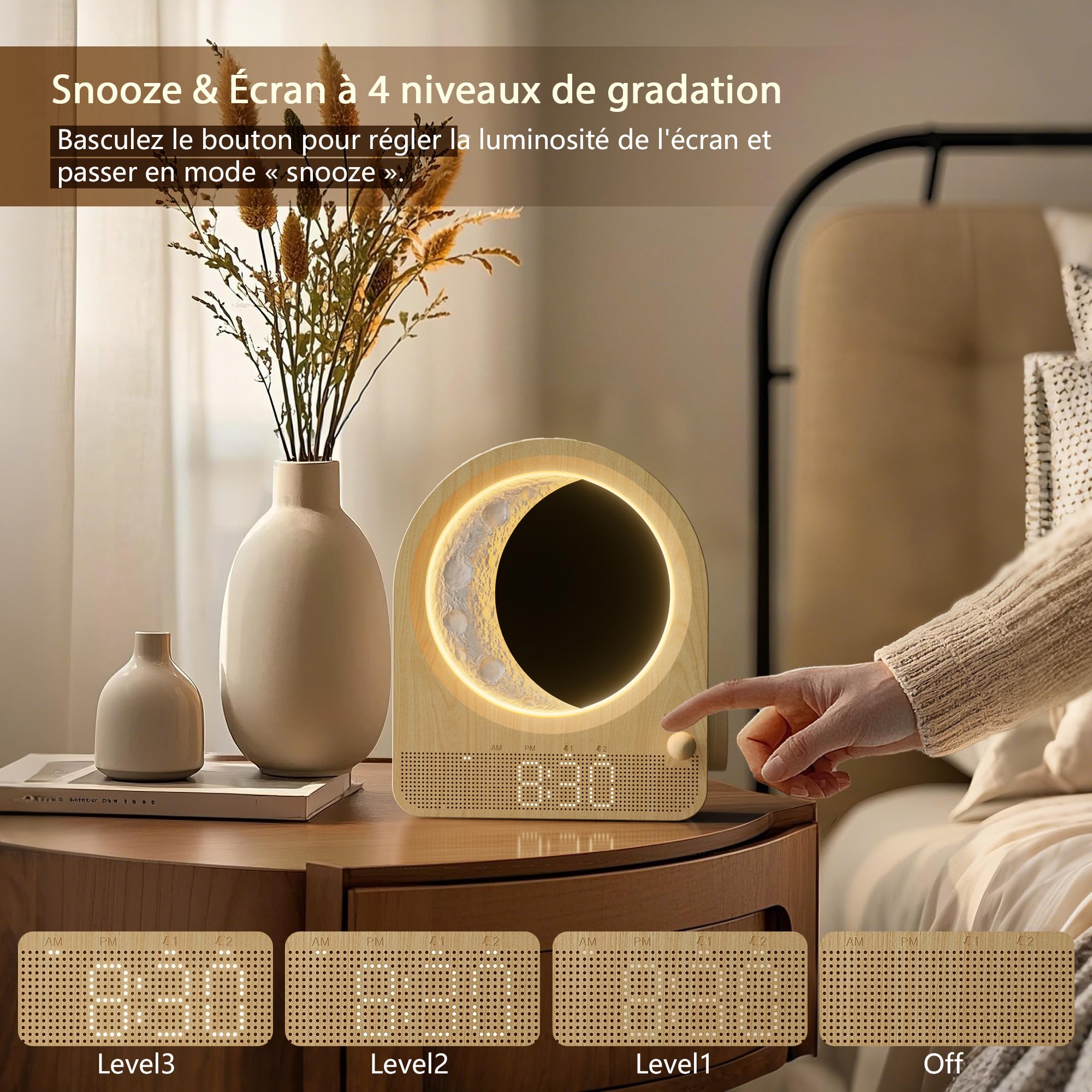 Blonbar Lampe de Lune Lumineuse avec Réveil et 3 Niveaux de Luminosité, Ambiance Naturelle avec 10 Sons