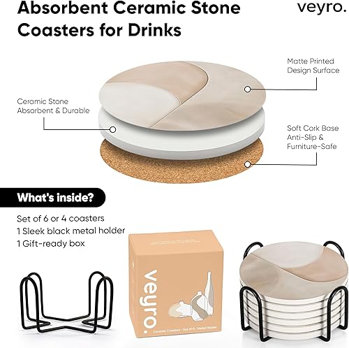 Miniatura 6 de VEYRO Juego de 4 posavasos para bebidas – Posavasos de cerámica absorbente con respaldo de corcho para mesa de café y escritorio, moderno juego de
