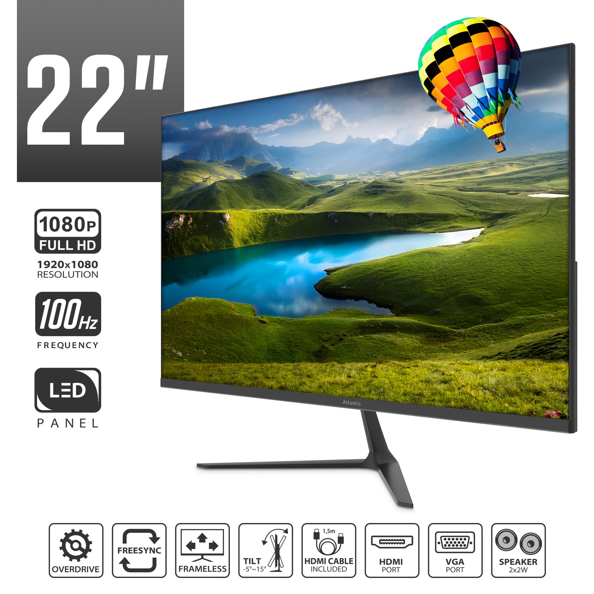 Atlantis Monitor 22 pollici, schermo 22" VA 100Hz, Full HD 1920x1080, VGA HDMI, MULTIMEDIALE, FreeSync, Uscita Audio/Cuffie inclinabile, risposta 5ms, Contrasto 3000:1, Angolo 178/178, Cavo HDMI 1,5m