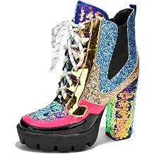 Nell Heeled Boots for Women Sparkly Sequin Platform Chelsea Boots Women - Chunky Block Heels with Sequined Tongue and Heel - Stylish Glitter Ankle Boots for Women