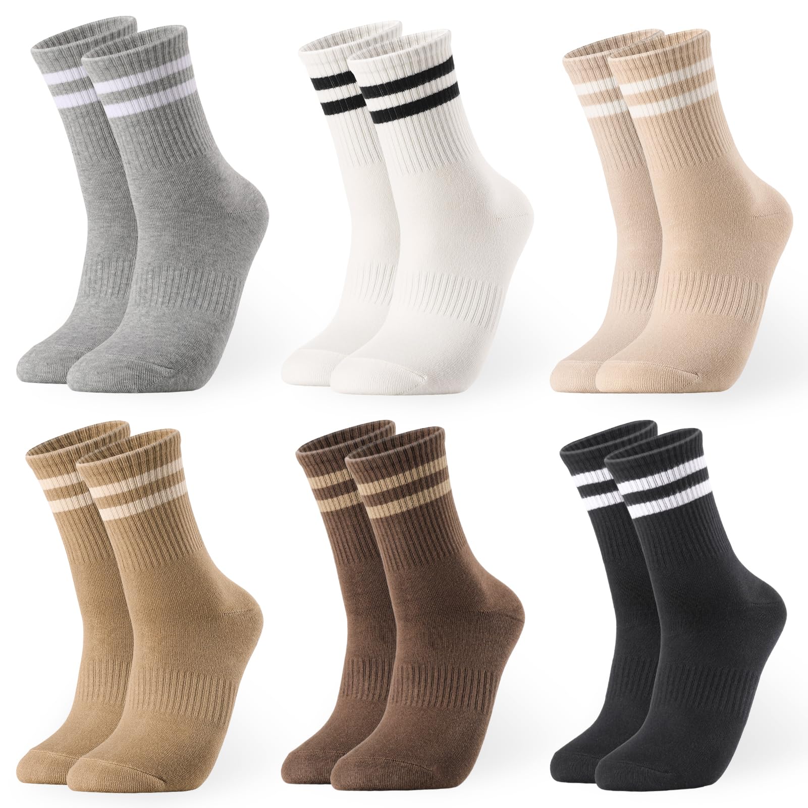 6 Pairs Women's Socks 39-42 Tennis Socks Cotton Socks Sports Socks Women's Socks with Stripes Motif Crew Socks for Tennis Running Sports-image-37