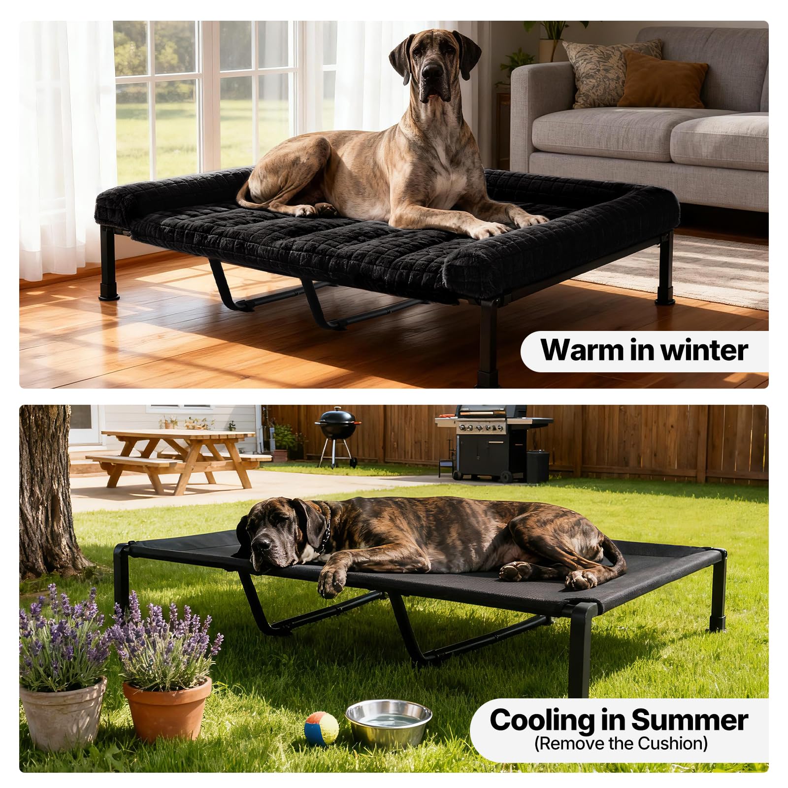 Veehoo Lit Chien Sureleve XXL Dehoussable Lavable, Moelleux Transat Chien avec Coussin Amovible, Lit Ccanapés Surélevé pour Chiens avec Pieds Antidérapants, Noir 150 x 94 x 20 cm