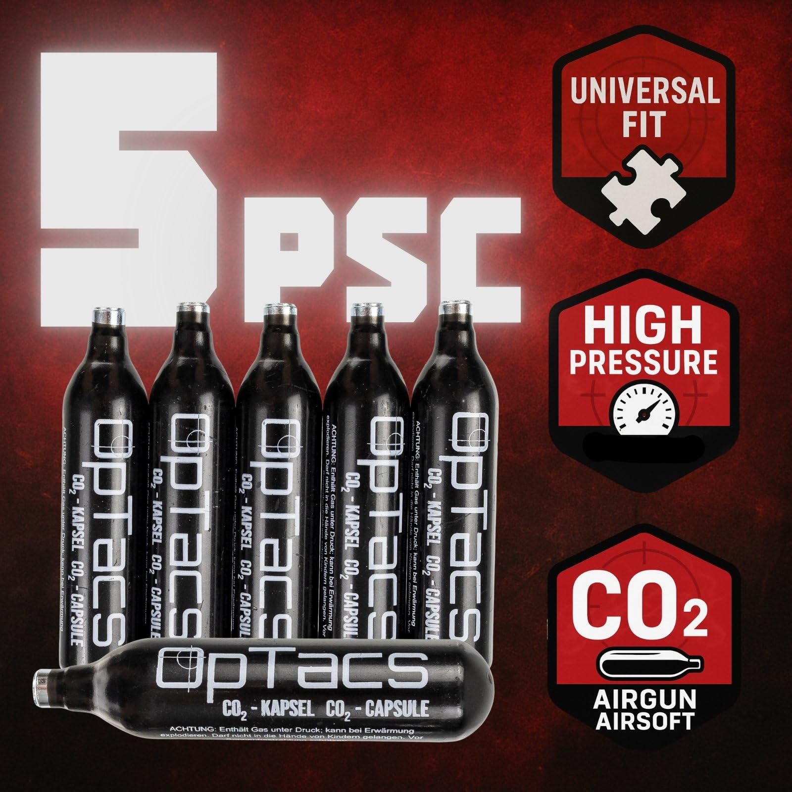 OpTacs CO₂-Kapseln 12g – 5 Stück – für Airsoft, Softair und Luftdruckwaffen – sauber versiegelt, konstante Leistung, rückstandsfrei, korrosionsgeschützt, 12g-System kompatibel