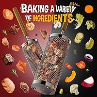 Vista 7 de Cesta de parrilla rodante de acero inoxidable 304 con mango de madera extraíble, herramienta de barbacoa y accesorio ahumador para verduras