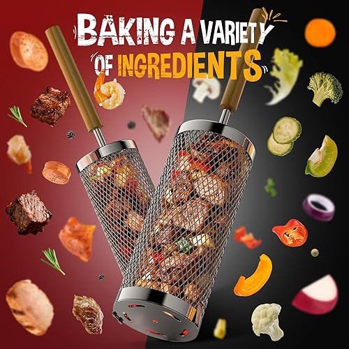 Miniatura 6 de Cesta de parrilla rodante, cesta de parrilla de acero inoxidable 304 con mango de madera extraíble, herramienta de barbacoa y accesorio para ahumar