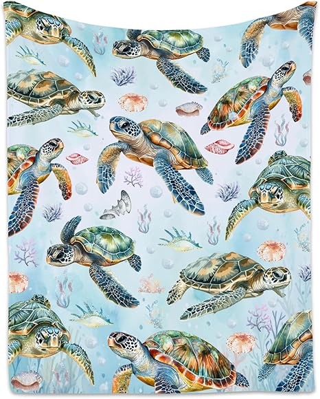 Turtle Blanket for Girls Boys, Cute Soft Gifts for Ocean Lovers, Cozy Flannel Throw for Bed Travel, 50"x60"