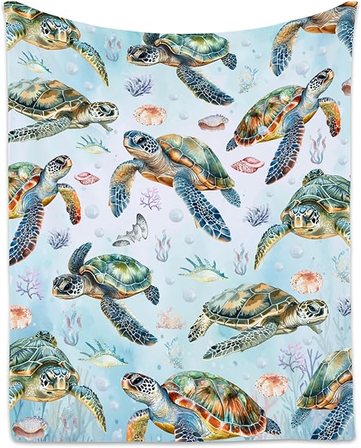 Turtle Blanket for Girls Boys, Cute Soft Gifts for Ocean Lovers, Cozy Flannel Throw for Bed Travel, 50"x60"