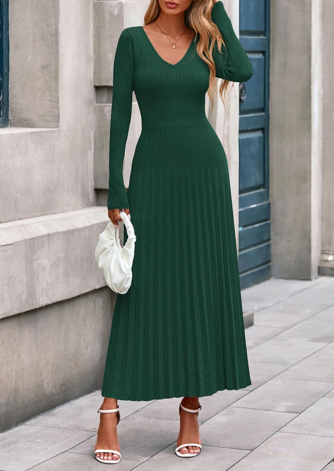 PRETTYGARDEN Women Sweater Dress Fall Fashion 2026 Long Sleeve V Neck Ribbed Knit Pleated A Line Elegant Maxi Winter Dresses - Image 2