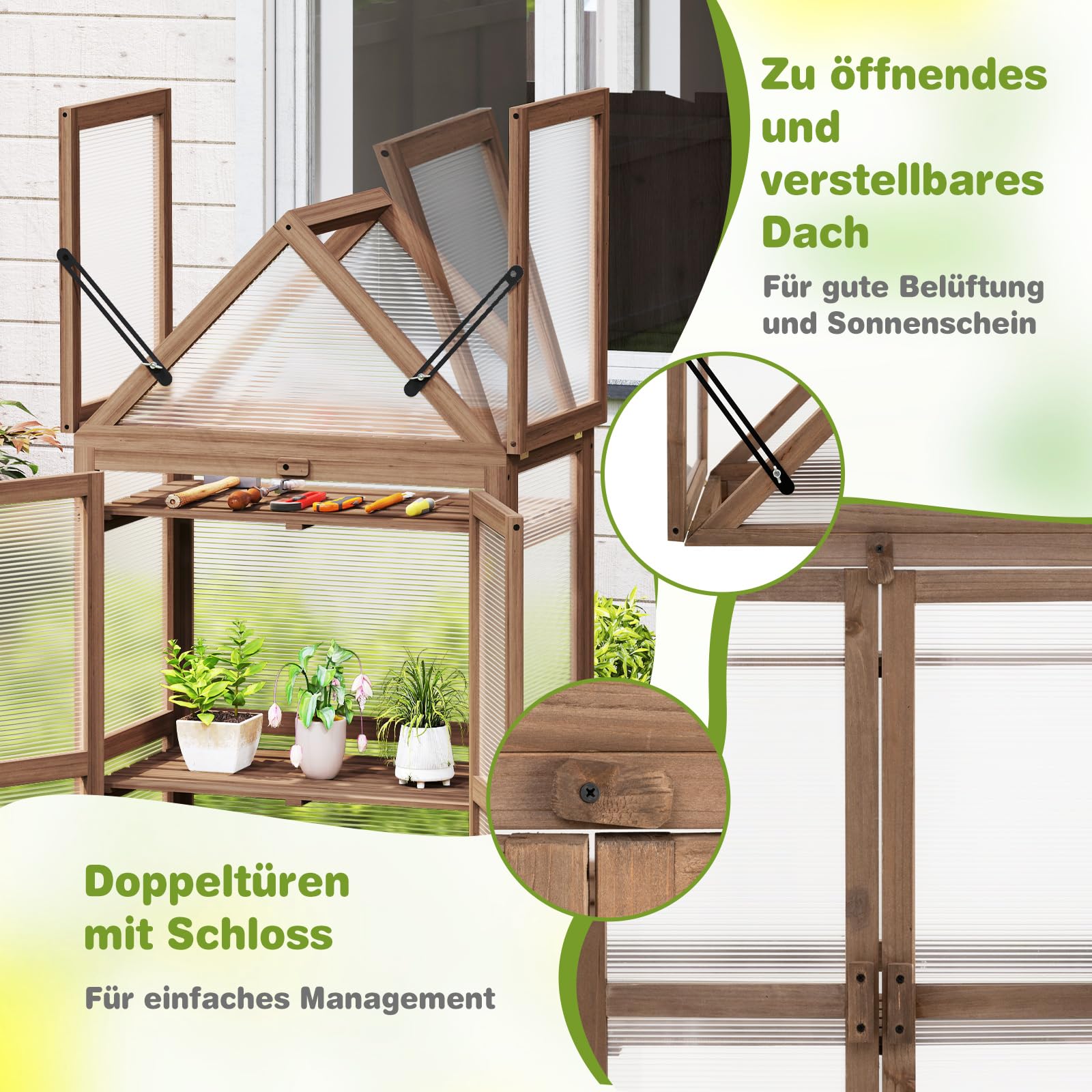 COSTWAY Frühbeet Mini Gewächshaus, 3-stöckiges Pflanzenbeet mit aufklappbarem Dach, Anzuchthaus mit 2 Türen, Treibhaus aus Holz & Polycarbonat, Aufzuchtschrank für Balkon Garten, Braun, 71x41x145cm
