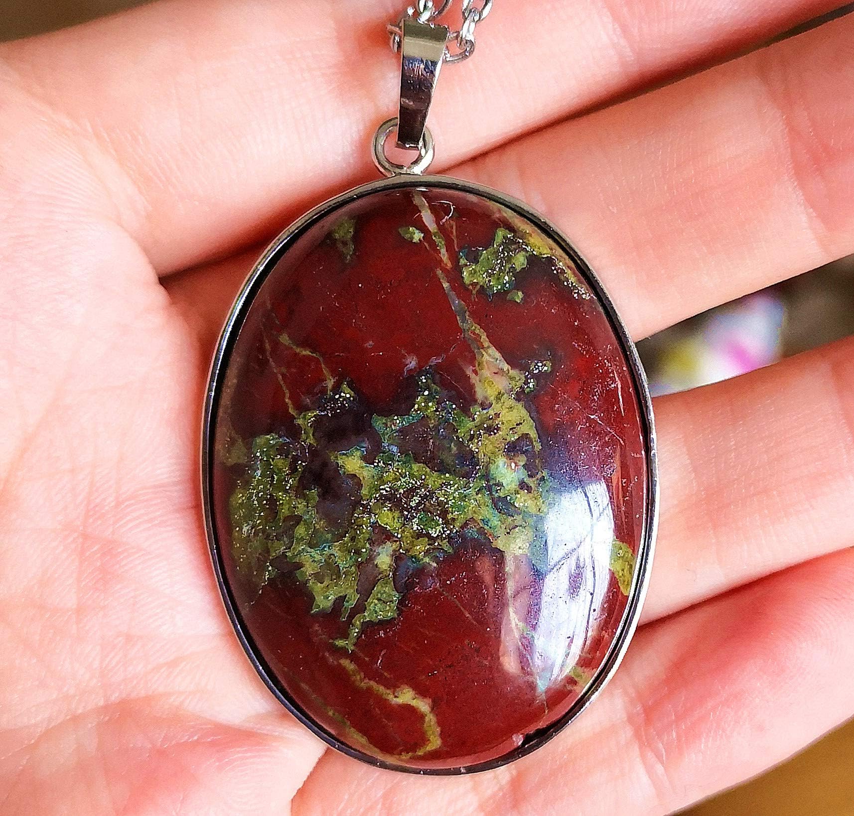 1 Pcs 2'' Hand Carved Natural Gemstone Jewllery Pendant With Sliver Chain,DIY Accessory for Necklace (Dragon Blood Jasper)