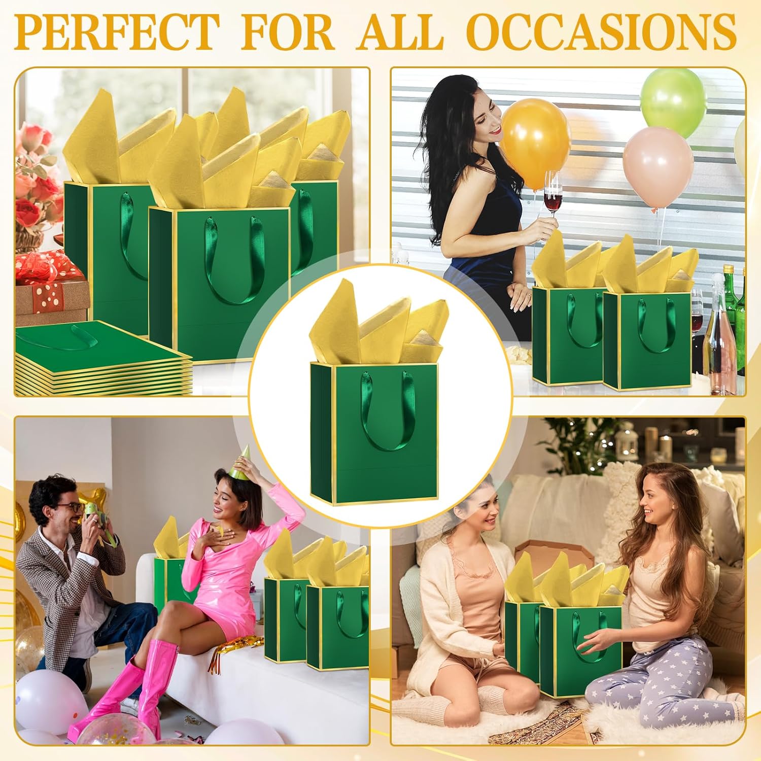 Epoesch Premium Metallic Paper Gift Bags with Handles and Tissue Paper, 8"x5"x10" Inch Dark Blue Gold Edge Welcome Gift Thank You Bags (Green Gold, 1 Count (Pack of 12)) - Image 7