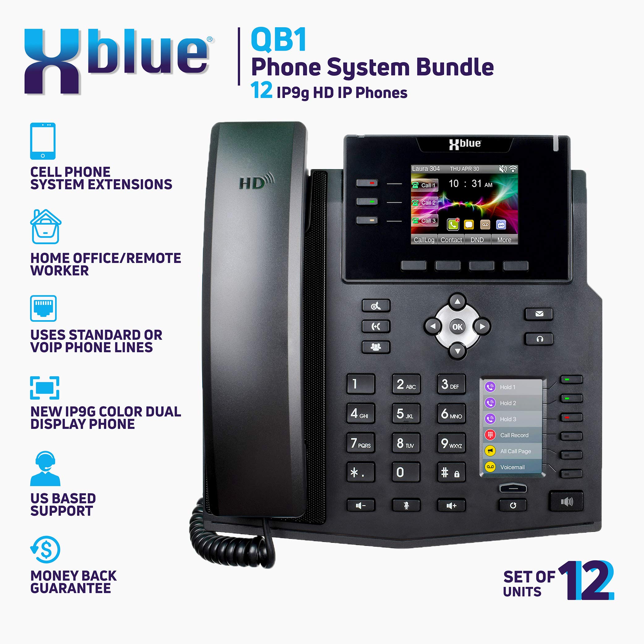 Xblue QB System Bundle with 12 IP9g IP Phones Including Auto Attendant, Voicemail, Cell & Remote Phone Extensions & Call Recording, Black, (QB1012)