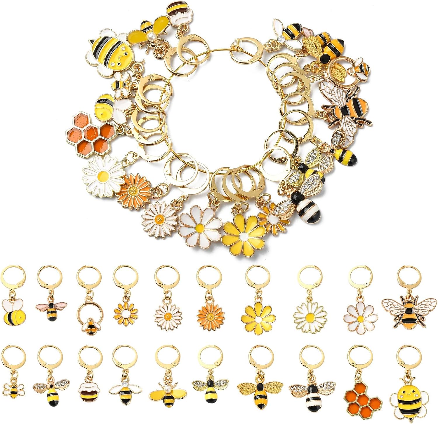 Stiesy 20 Pcs 20 Styles Bee Honeycomb Daisy Stitch Markers Enamel Crochet Stitch Marker Charms Removable Lobster Clasp Locking Stitch Marker for Knitting Weaving Sewing Quilting Handmade Jewelry