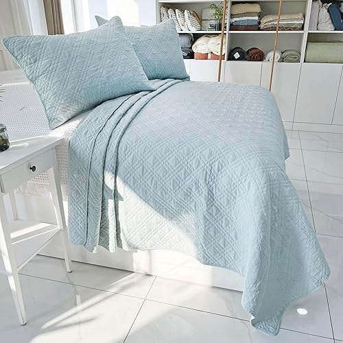 Miniatura 5 de Juego de edredón de 100 % algodón, tamaño King, ligero con costuras, colcha suave para todas las estaciones, juego de edredón de 3 piezas de