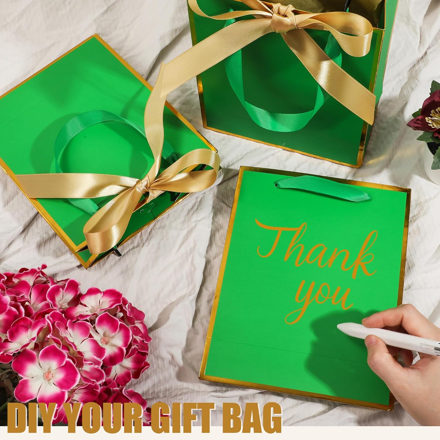 OEMVALATY 6 Pcs Thank You Gift Bags with Handles and Tissue Paper 9 x 7 x 3. 15'' Metallic Welcome Gift Bags with Bow Ribbon for Wedding Bridesmaid Baby Shower Groomsmen Birthday Party(Green, Gold) - Image 3